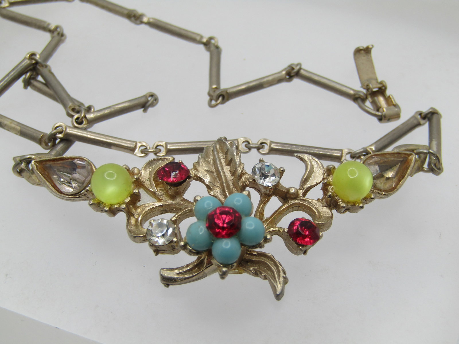 Vintage Rhinestone Floral Necklace, V-Drop, 1950's, 16" - 8