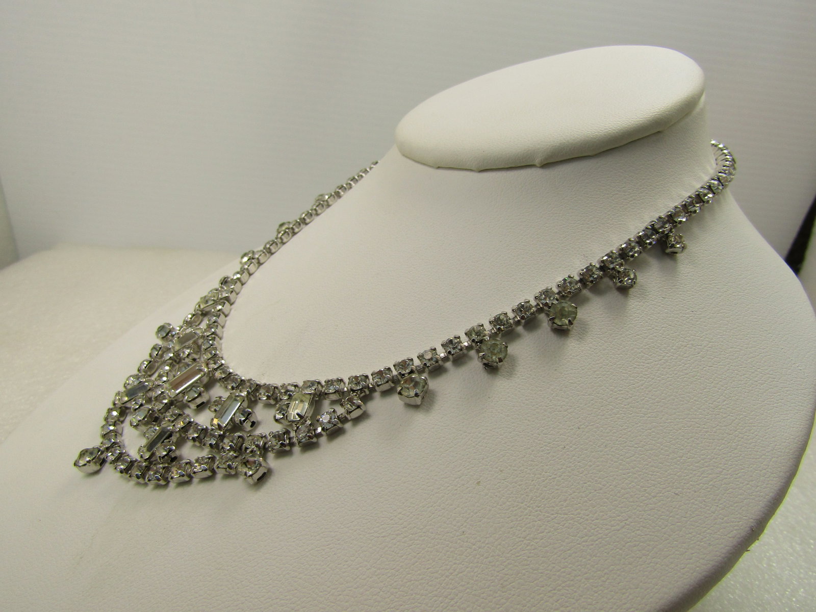 Vintage Clear Rhinestone Drop Bib Necklace, 15.5", Baguettes/Round, 1960's - 2