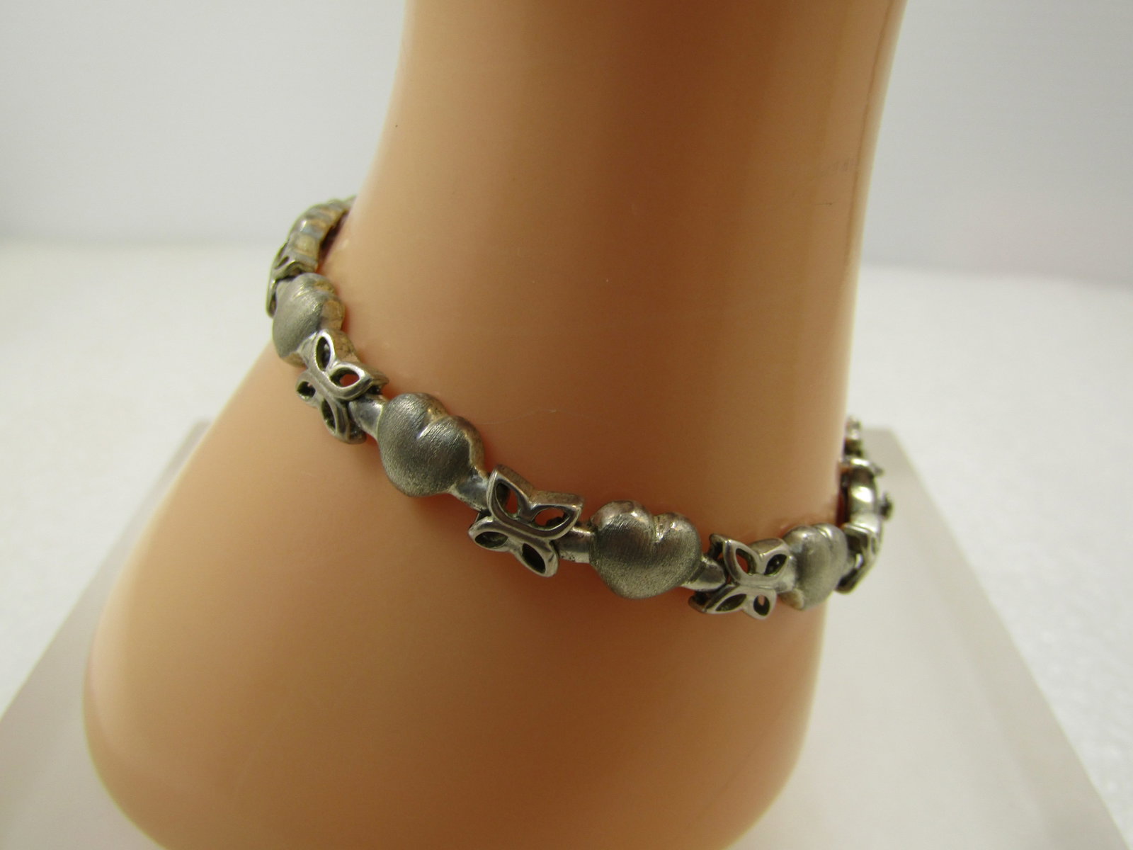 Vintage Sterling Heart and Butterfly Link Bracelet, 7", 1980's-1990's - 2
