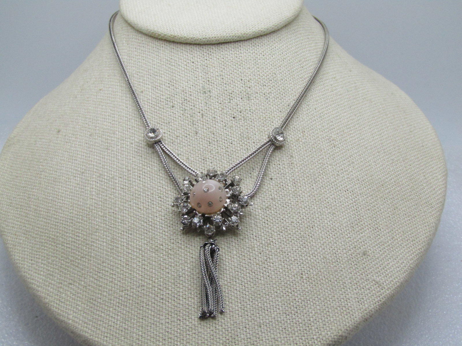 Vintage Rhinestone Lavalier Tassel Necklace, 14.5", Foxtail Link, 1960's - 2