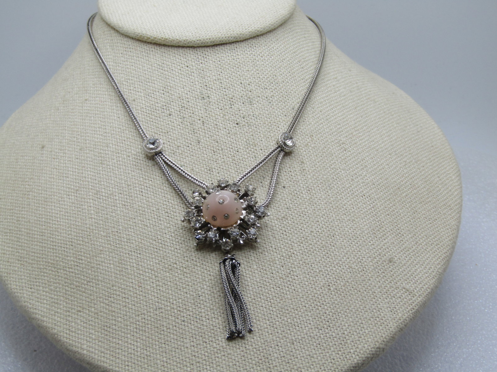 Vintage Rhinestone Lavalier Tassel Necklace, 14.5", Foxtail Link, 1960's - 3