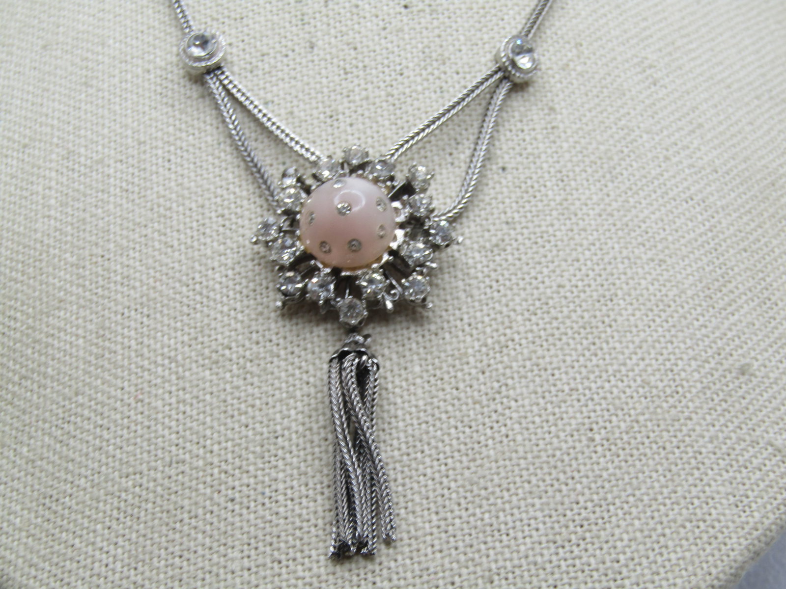 Vintage Rhinestone Lavalier Tassel Necklace, 14.5", Foxtail Link, 1960's - 4
