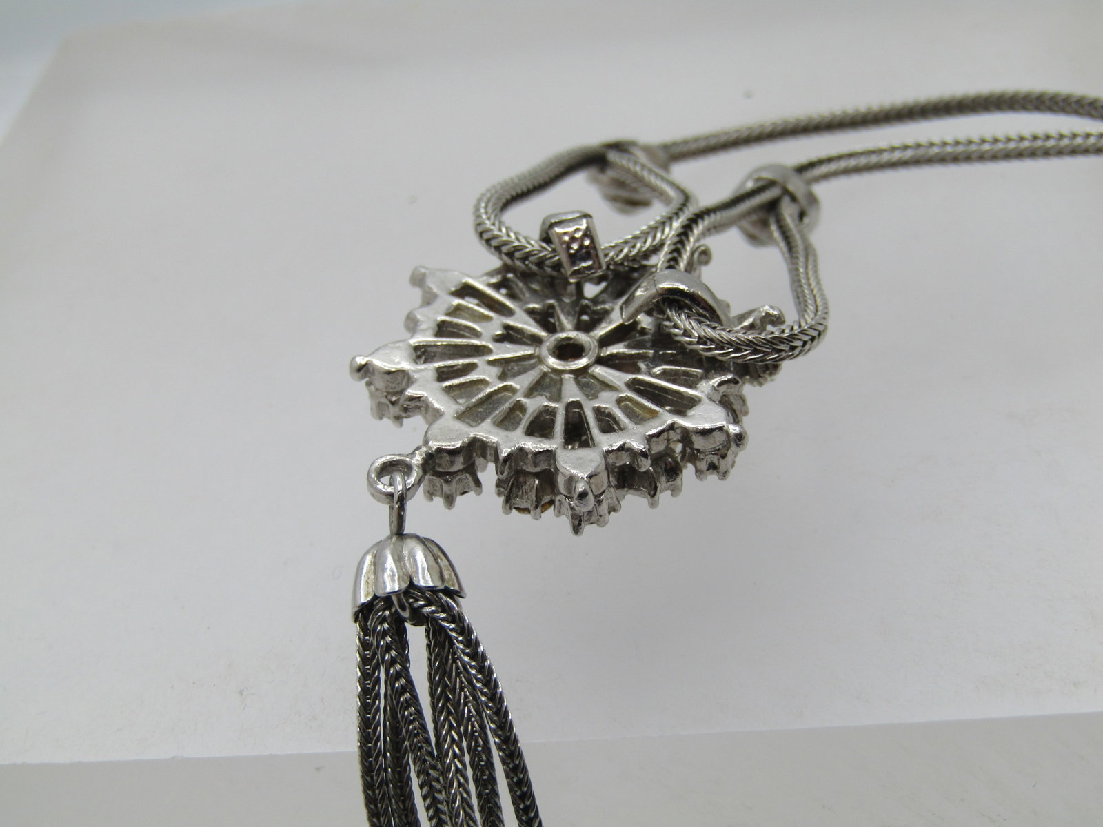 Vintage Rhinestone Lavalier Tassel Necklace, 14.5", Foxtail Link, 1960's - 5