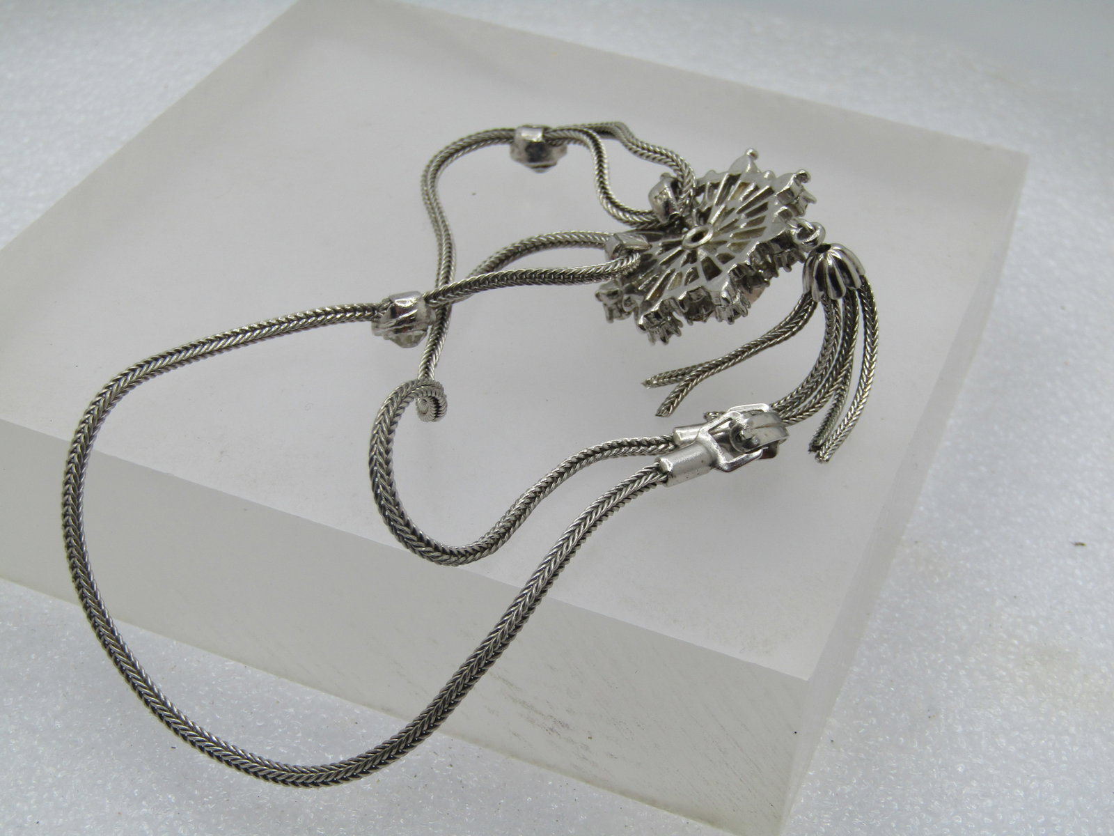 Vintage Rhinestone Lavalier Tassel Necklace, 14.5", Foxtail Link, 1960's - 7