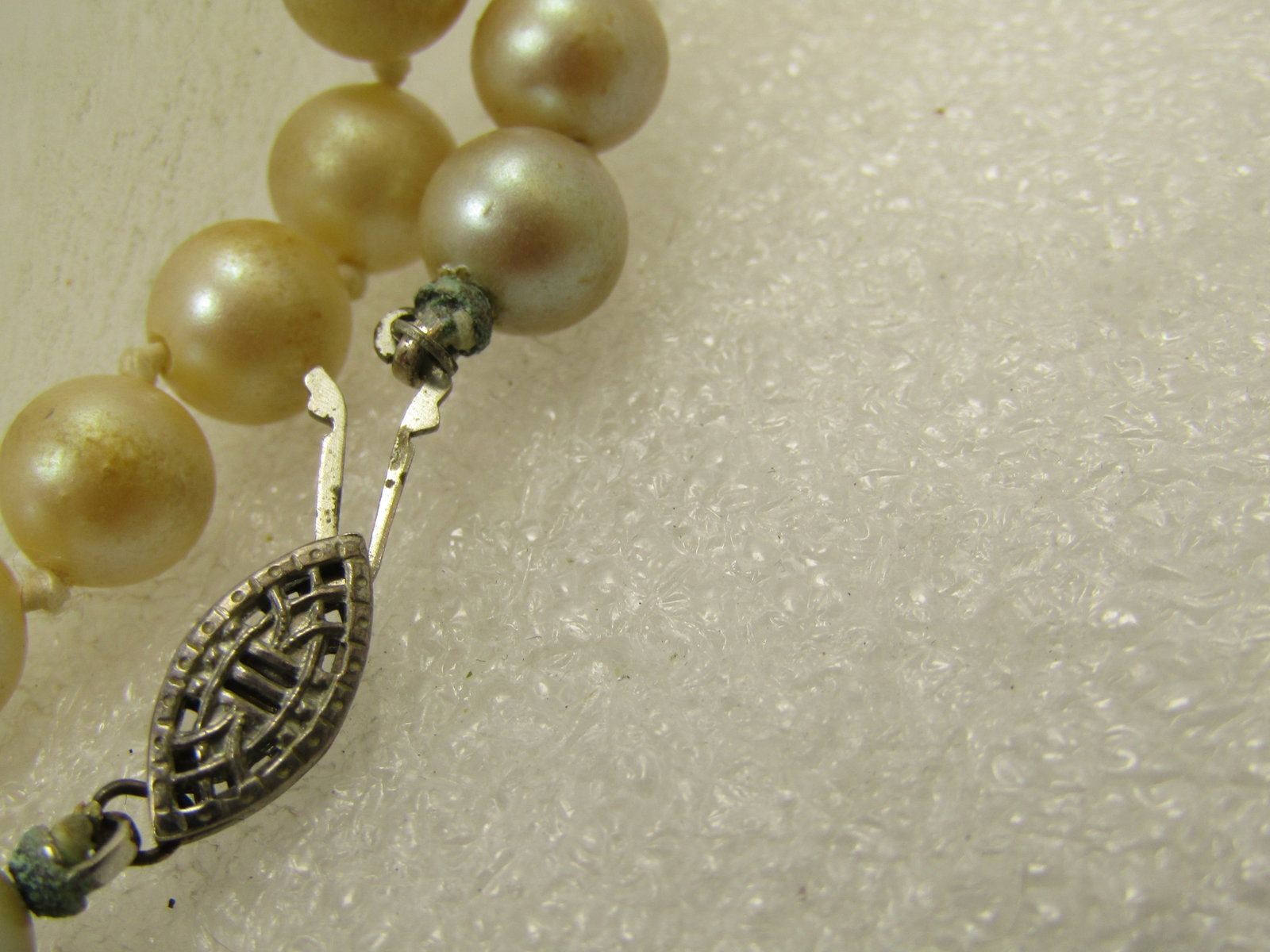 Vintage Knotted Pearl Necklace, 7.8mm, 24", Sterling Filigree Clasp, 1940's - 7