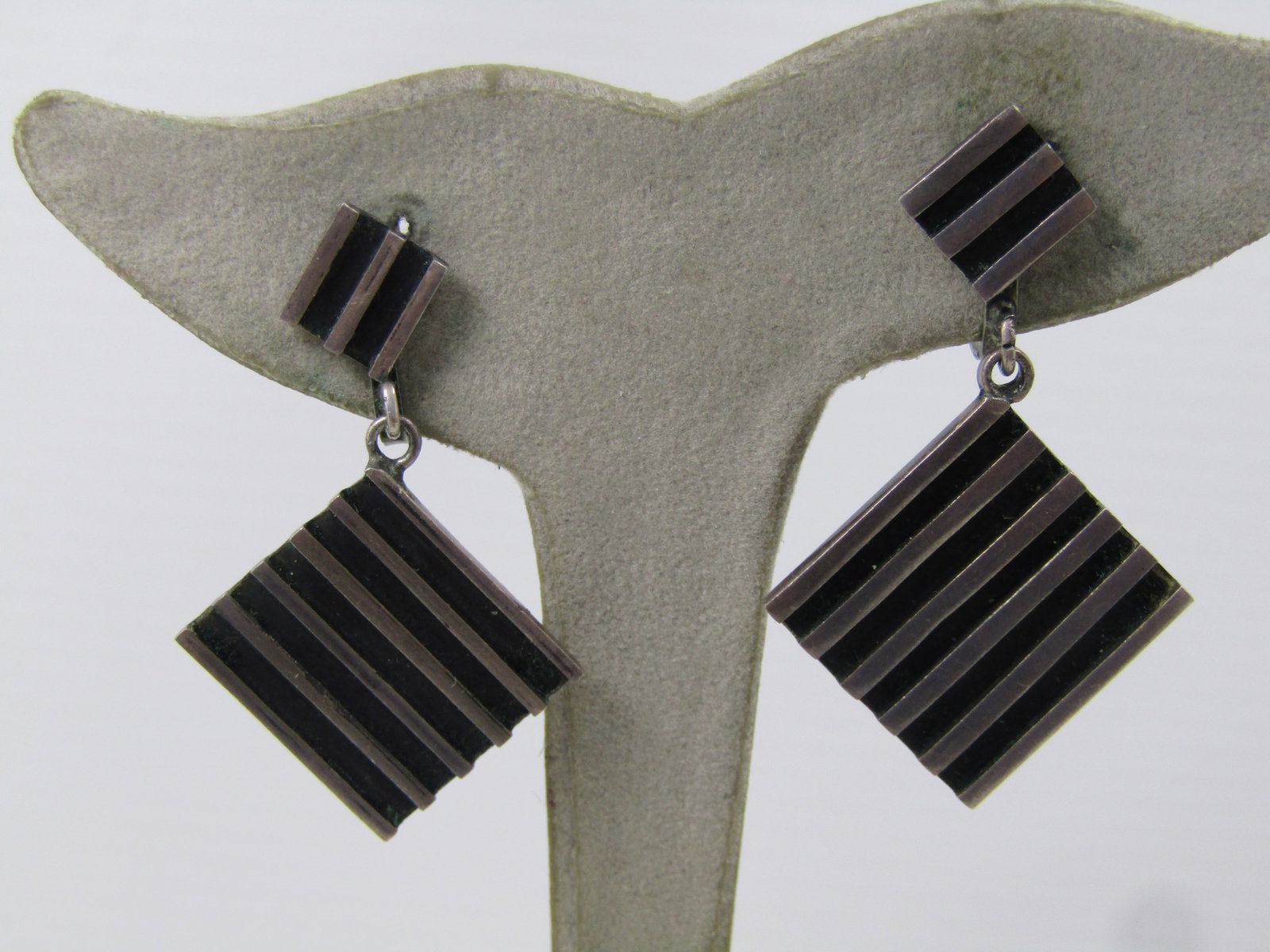 Vintage Sterling Modernist Mexico Stud Dangle Earrings, Screwback, 1940's/MId-Century, Signed EF,: Vintage Sterling Modernist Mexico Stud Dangle Earrings, Screwback, 1940's/MId-Century, Signed EF, Taxco. The stud has three raised silver bars with two recessed black burnished bars between. The stud