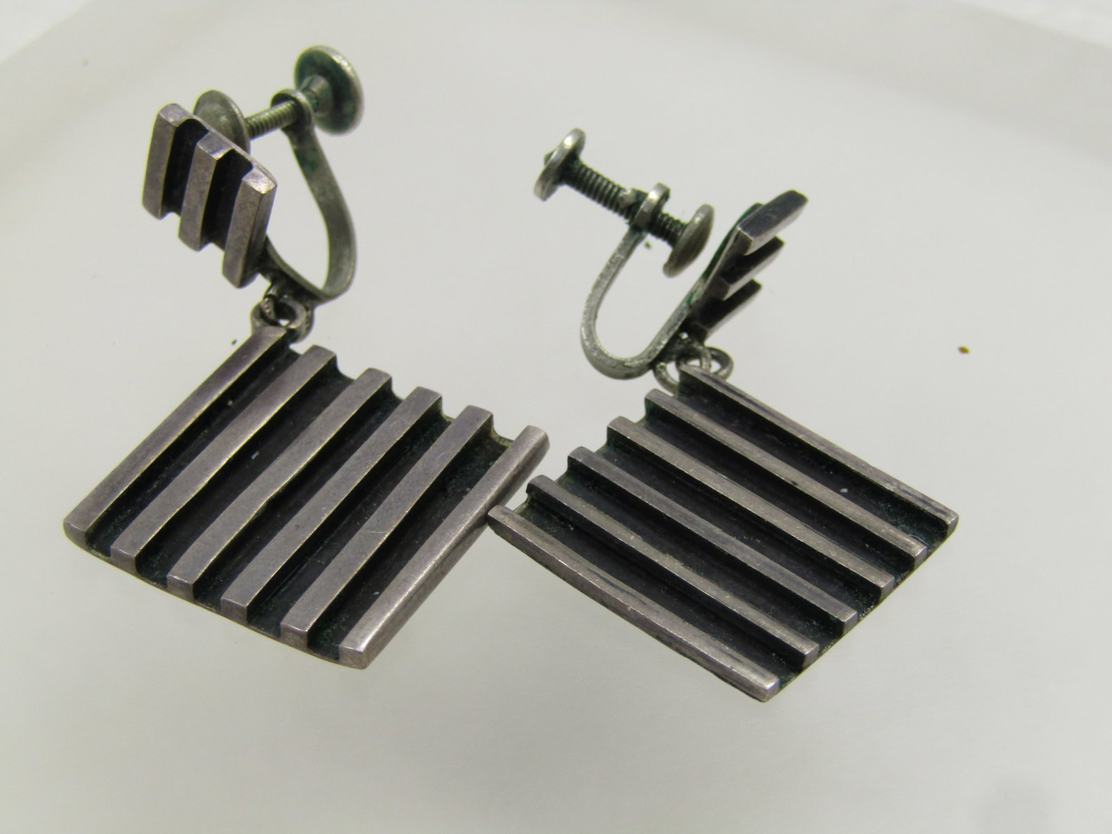 Vintage Sterling Modernist Mexico Stud Dangle Earrings, Screwback, 1940's/MId-Century, Signed EF, - 5
