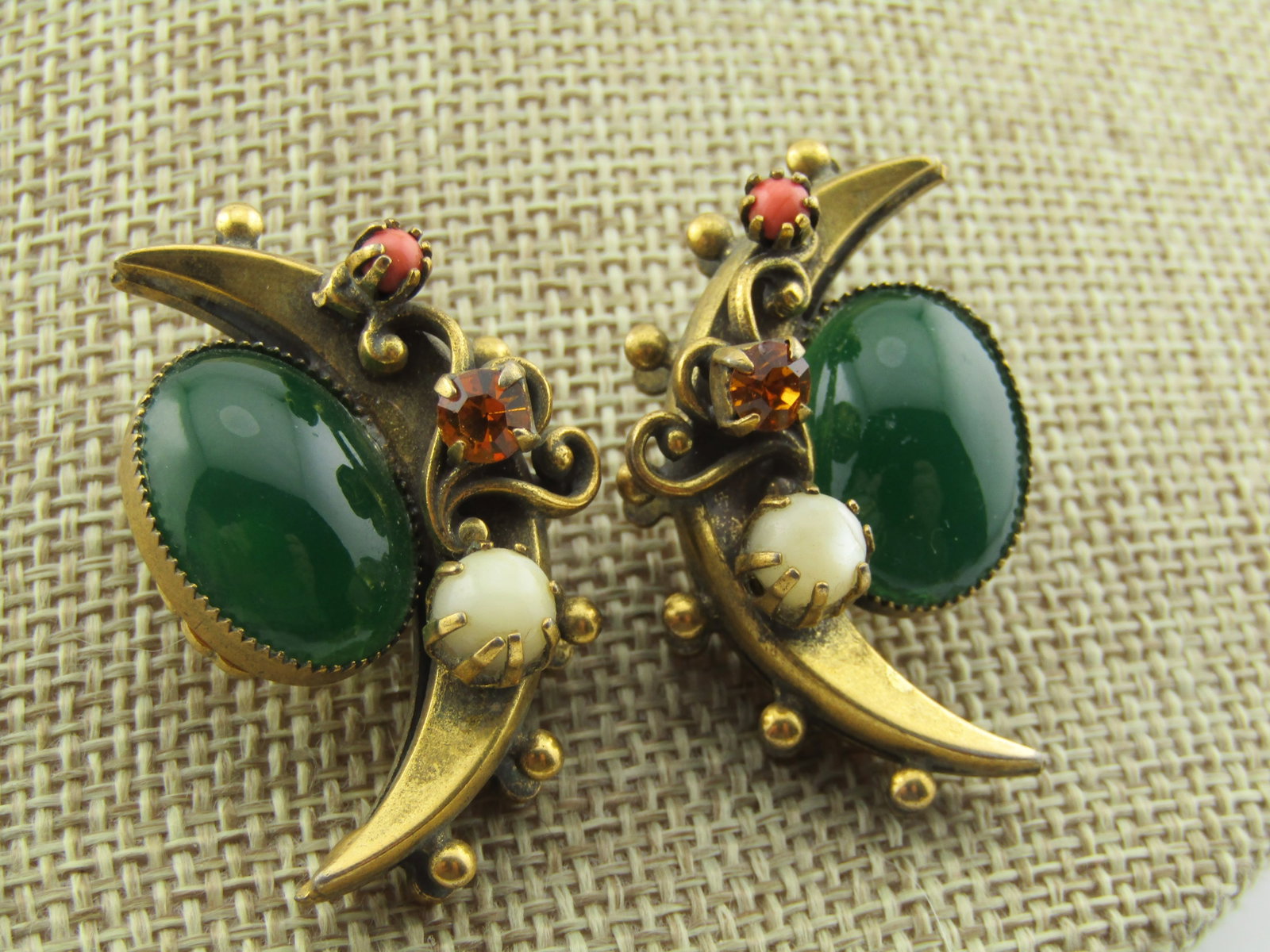 Vintage Victorian Revival Crescent Moon Clip Earrings, 1950's - 2