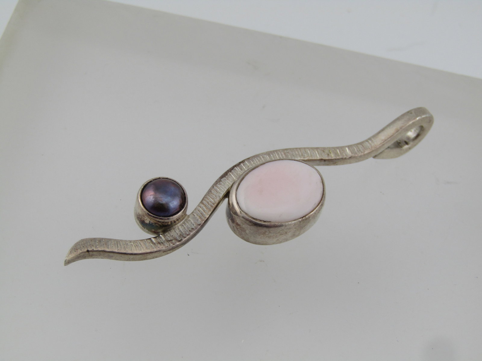Vintage .950 Silver Tahitian Pearl and Pink Stone Pendant 1980's-1990's, Signed - 2