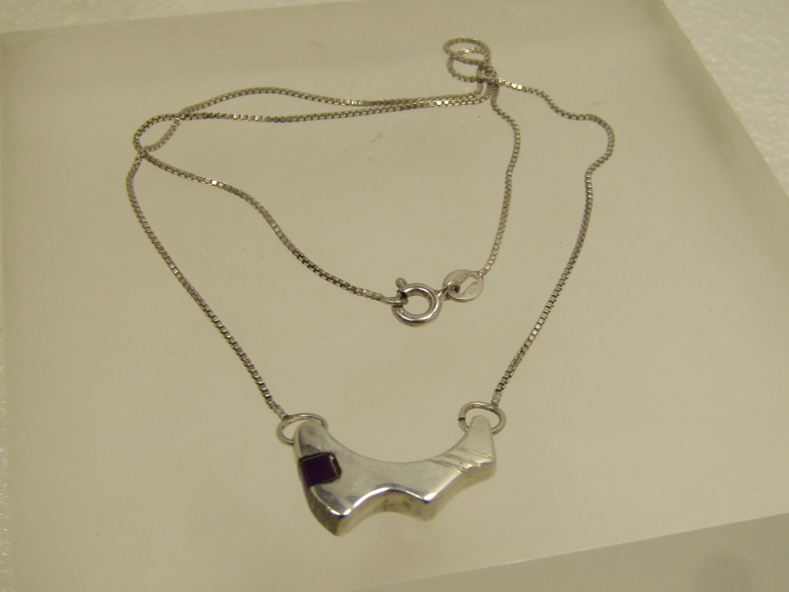 Vintage Sterling Mod Southwestern Necklace, Purple Stone, 16", 1990's - 5