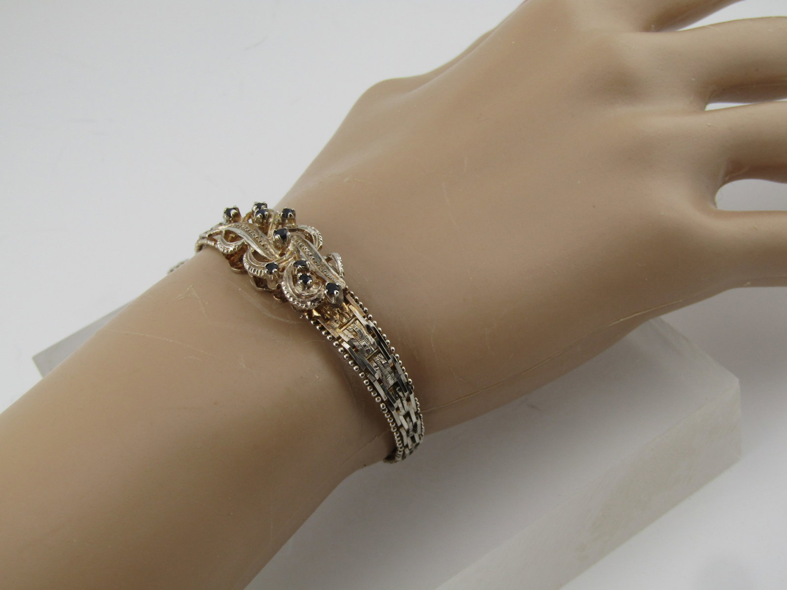 Vintage Sterling Woven Bracelet and Sapphires, 7.5, Signed IBB, 1980's-1990's - 7