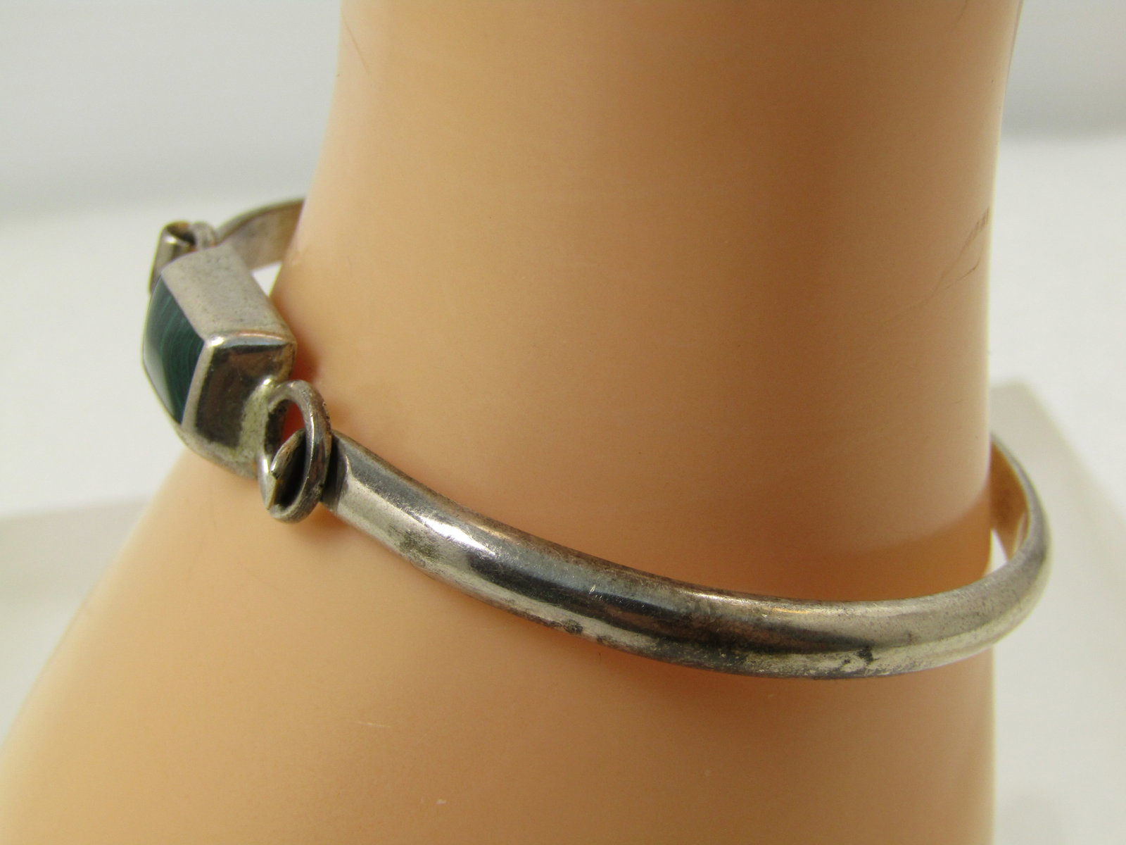 Vintage Sterling Malachite Bangle Bracelet, 6.75", Top Clasp, 1960's-1970's, Mexico, Signed - 2