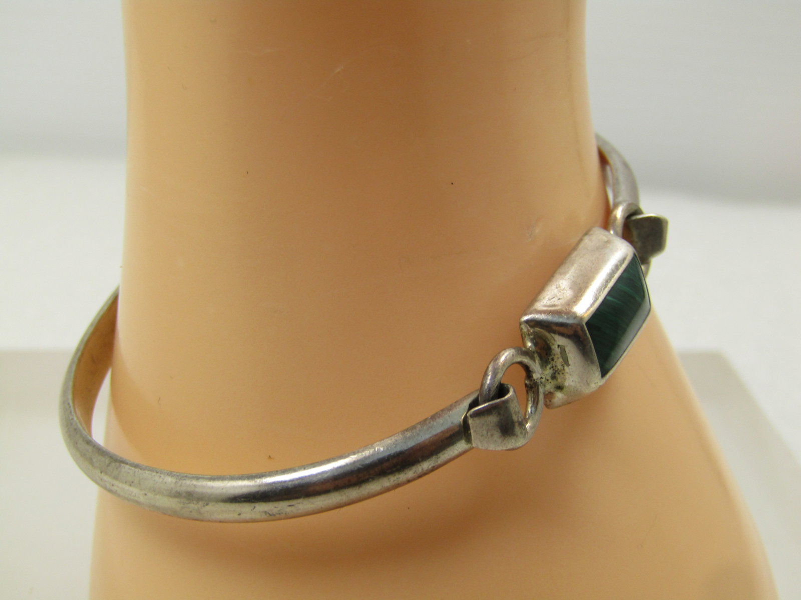 Vintage Sterling Malachite Bangle Bracelet, 6.75", Top Clasp, 1960's-1970's, Mexico, Signed - 3