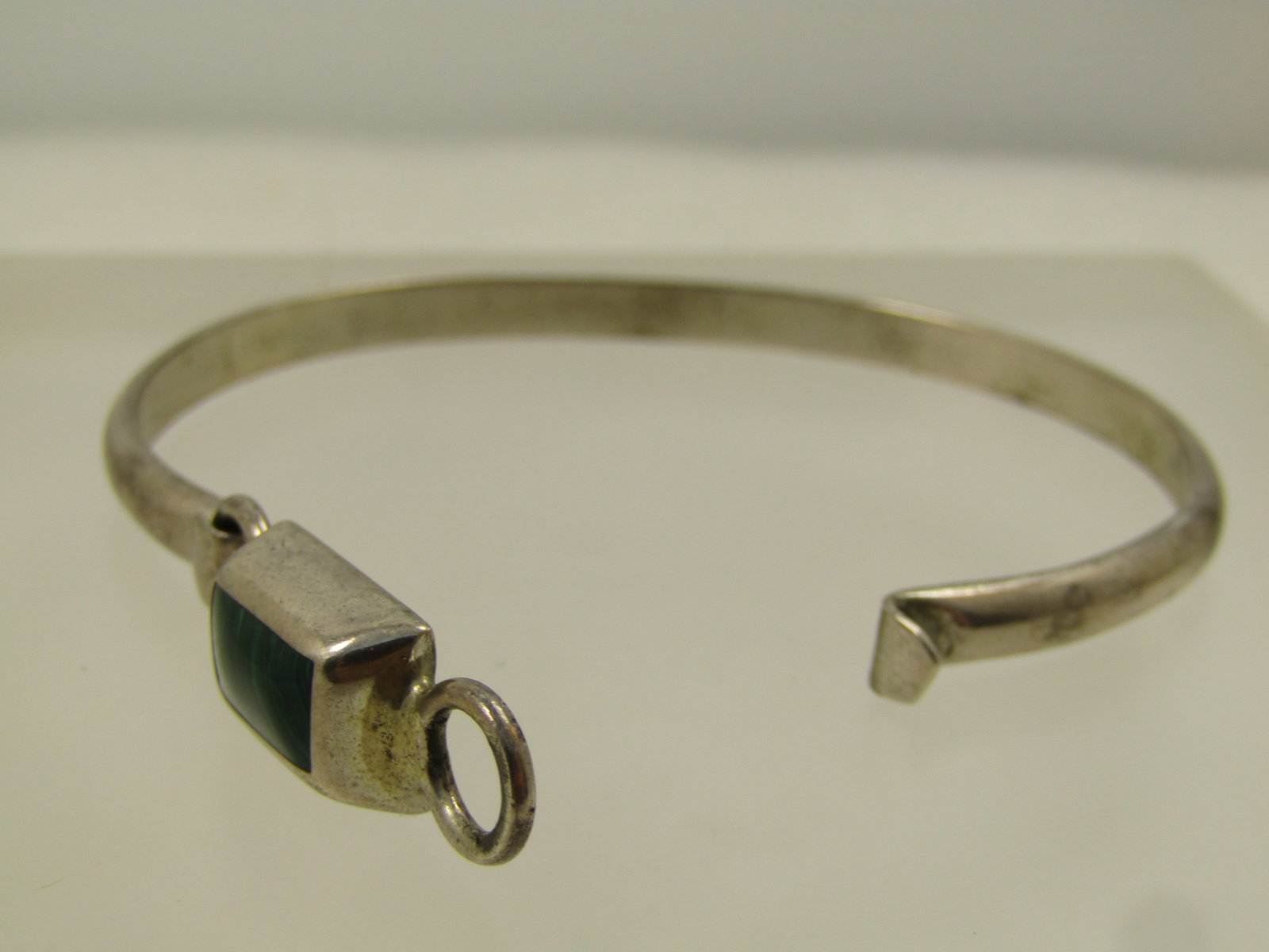 Vintage Sterling Malachite Bangle Bracelet, 6.75", Top Clasp, 1960's-1970's, Mexico, Signed - 7