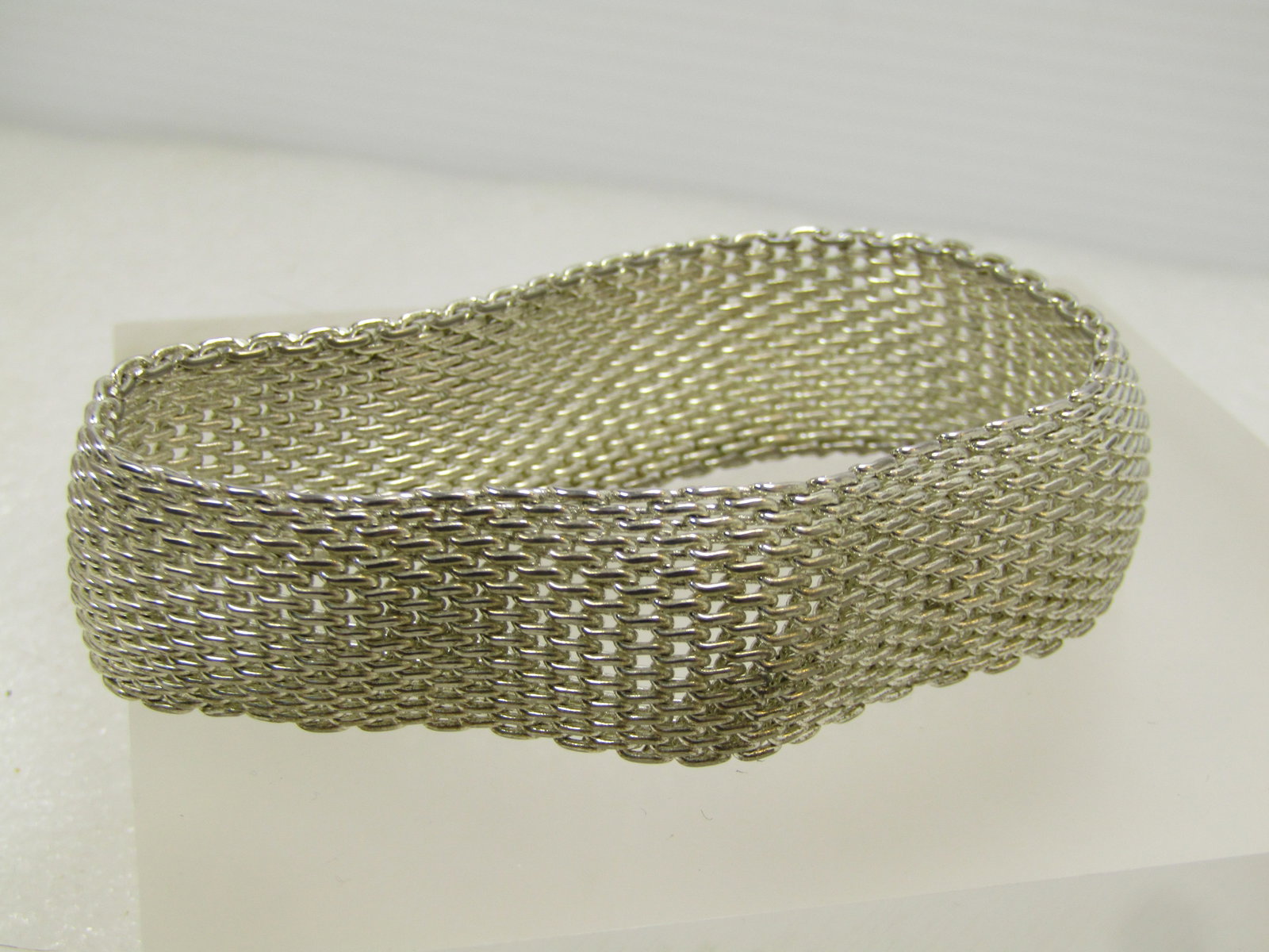 Wide Woven Silver Tone Bracelet, Slip-On 8", 1980's - 4