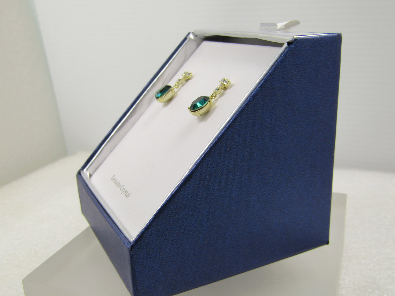 Emerald Green and Clear Crystal Drop Earrings by Brilliance, Original Box, Pierced, 1990's - 2