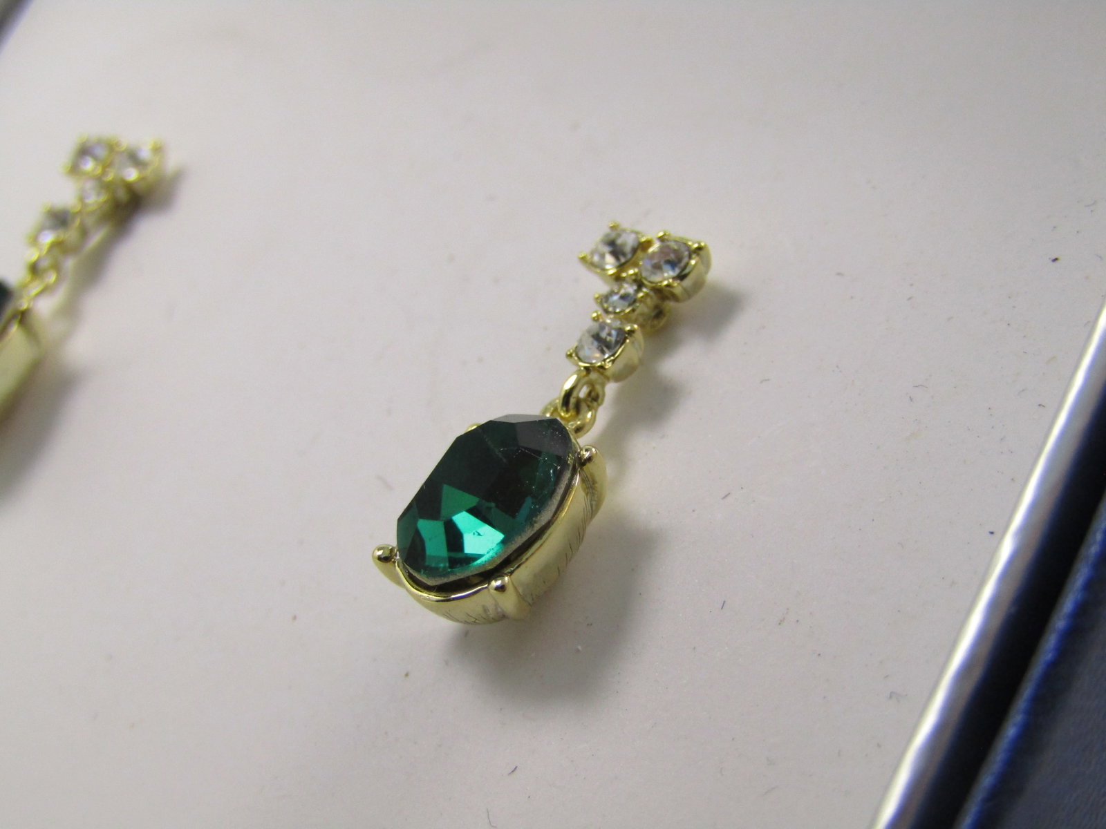 Emerald Green and Clear Crystal Drop Earrings by Brilliance, Original Box, Pierced, 1990's - 4