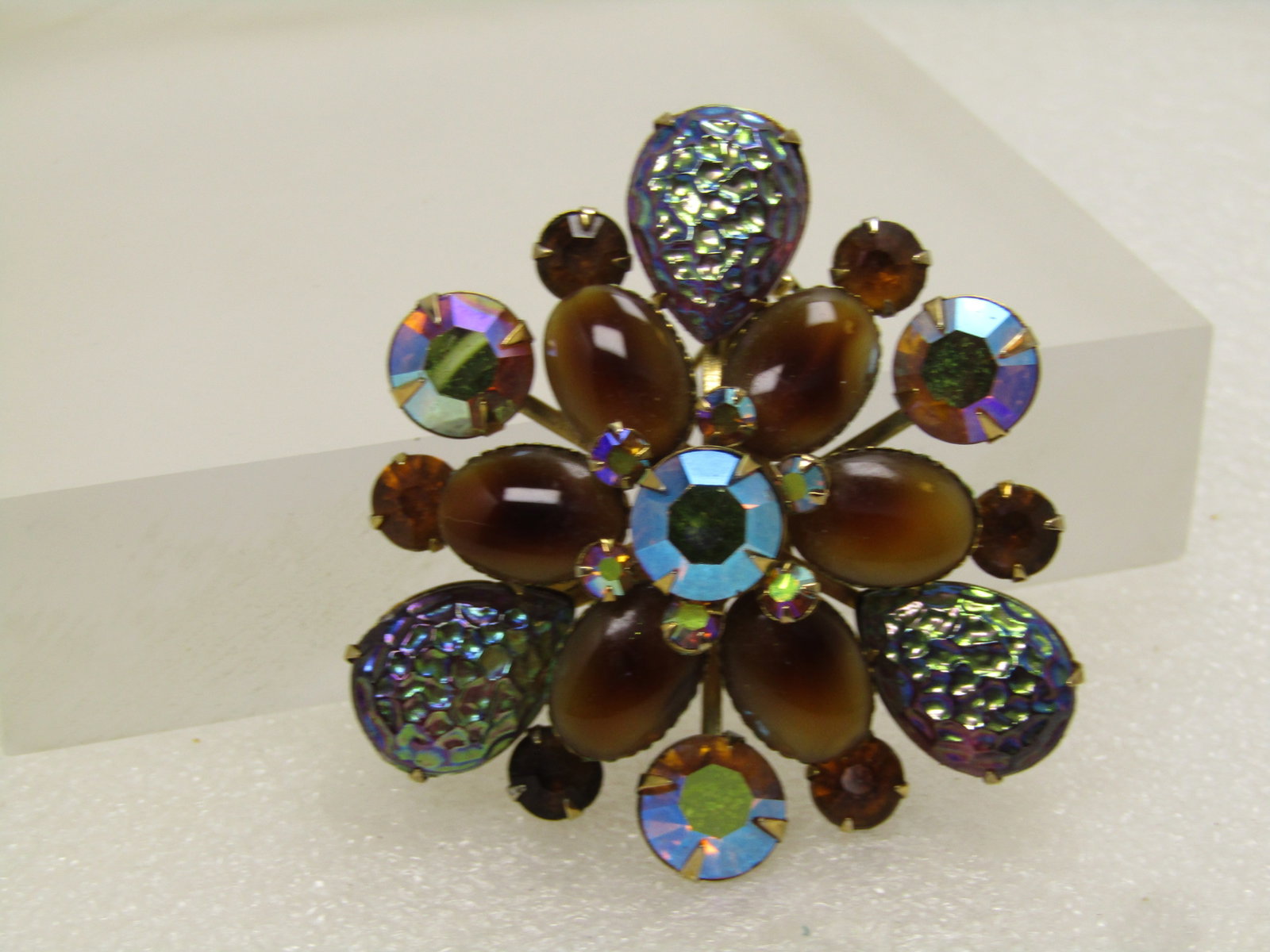 Vintage Brown Mixed Cab Brooch, Peacock Molded Glass, 1940's - 2