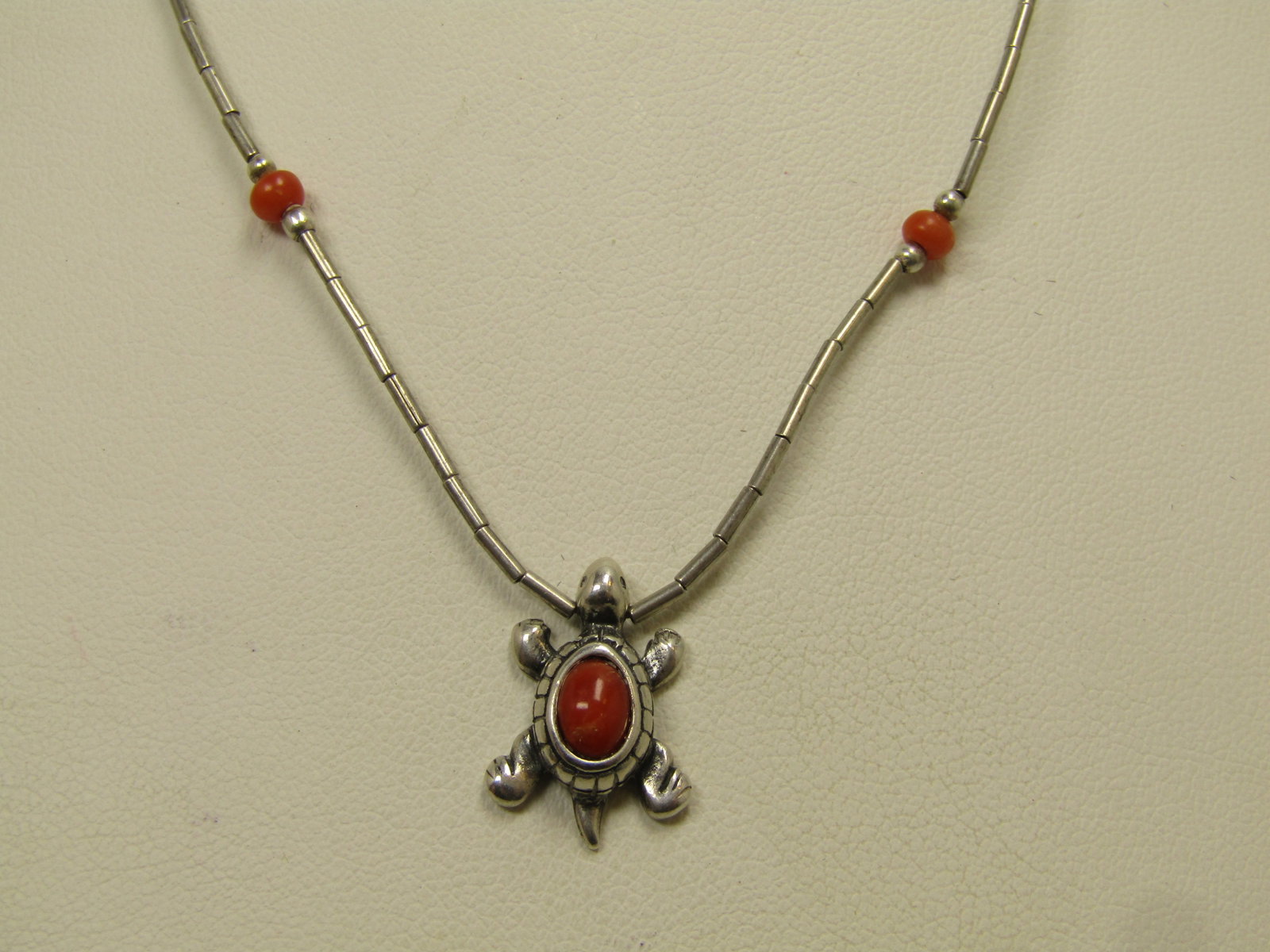 Vintage Sterling Southwestern Turquoise Necklace with Coral, 15" 1980's-1980's - 2