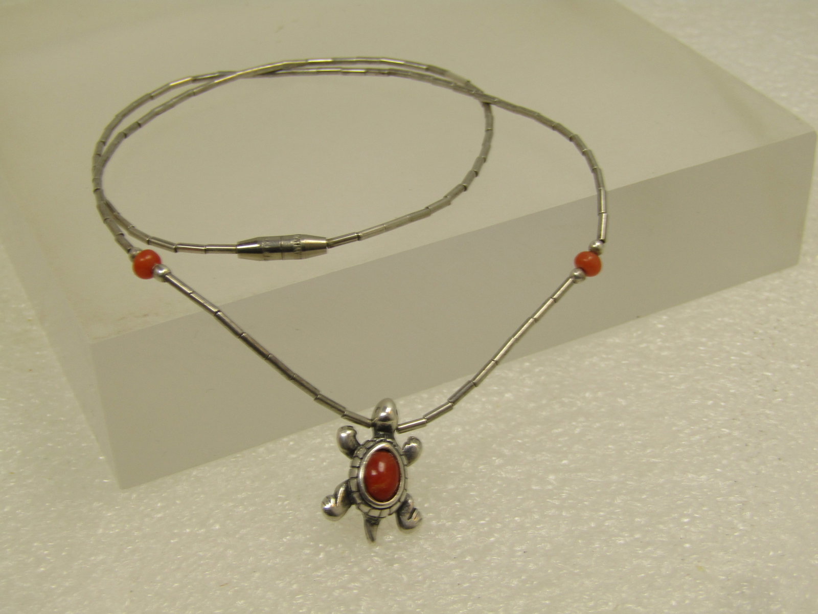 Vintage Sterling Southwestern Turquoise Necklace with Coral, 15" 1980's-1980's - 4