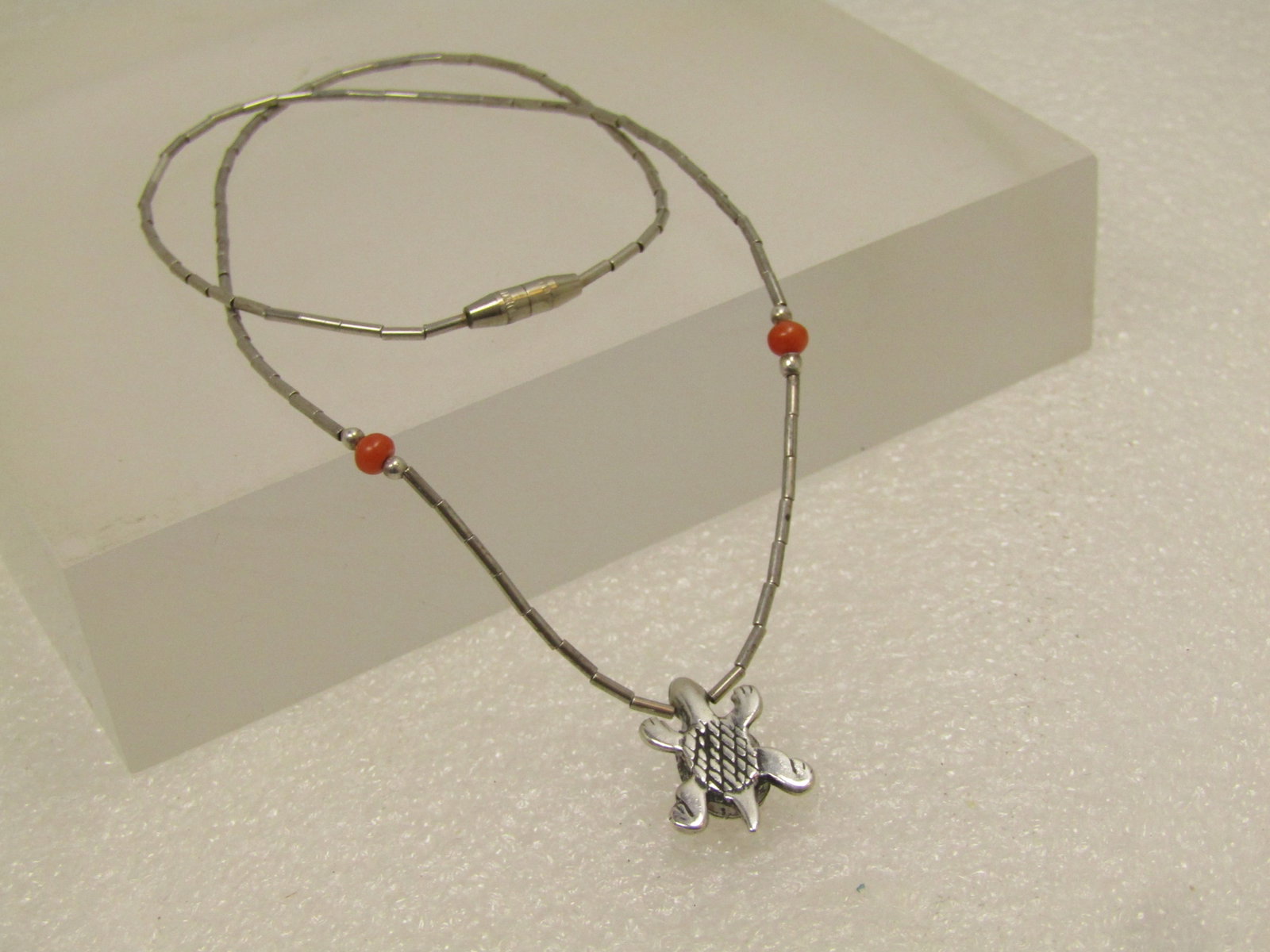Vintage Sterling Southwestern Turquoise Necklace with Coral, 15" 1980's-1980's - 5