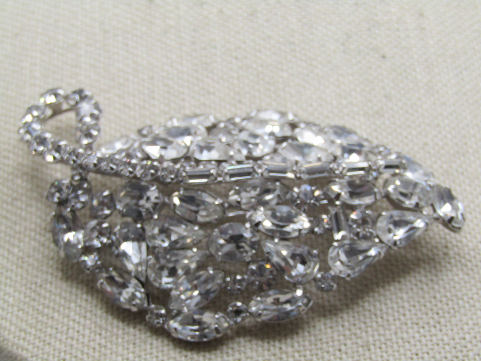 Vintage Rhinestone Leaf Brooch, Mixed Cuts, Mid-Century, 3" - 2