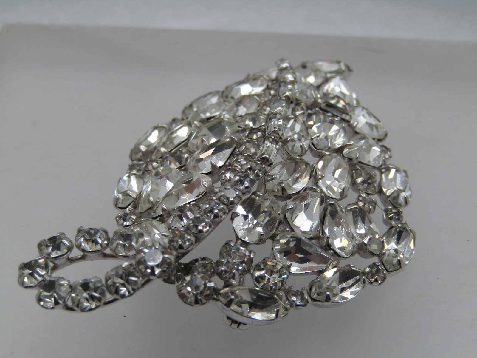 Vintage Rhinestone Leaf Brooch, Mixed Cuts, Mid-Century, 3" - 3