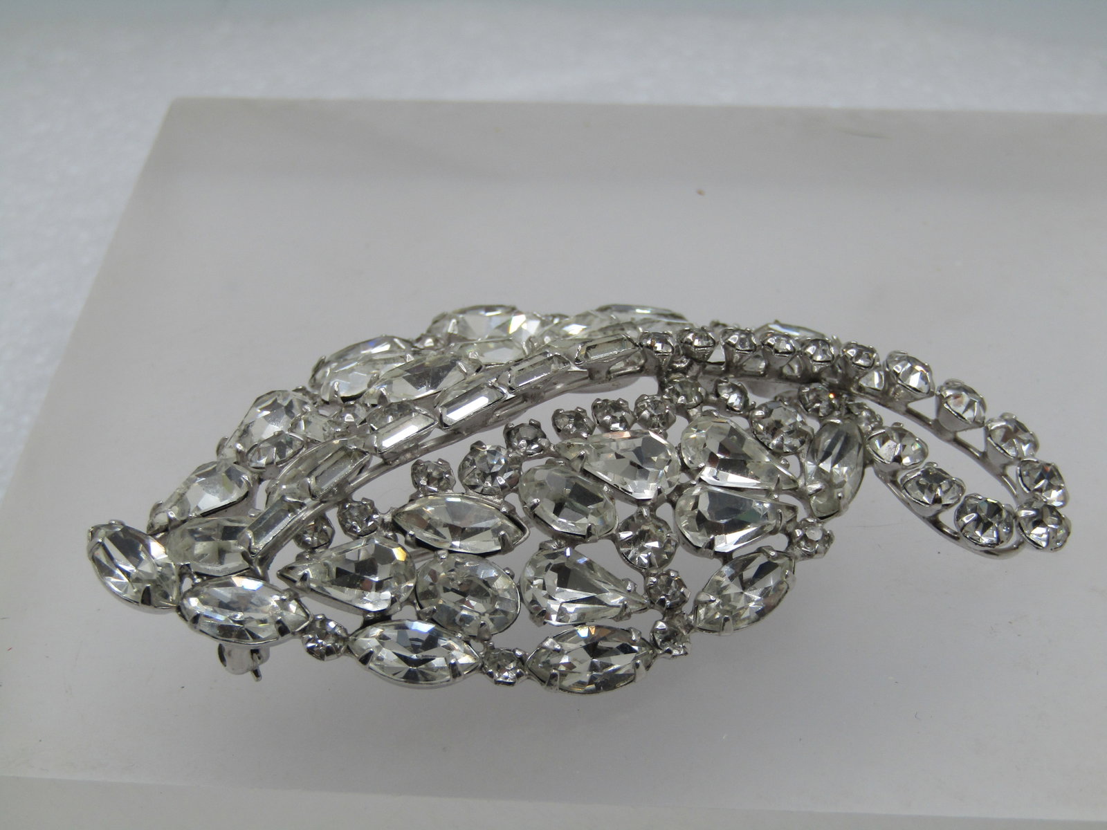 Vintage Rhinestone Leaf Brooch, Mixed Cuts, Mid-Century, 3" - 4