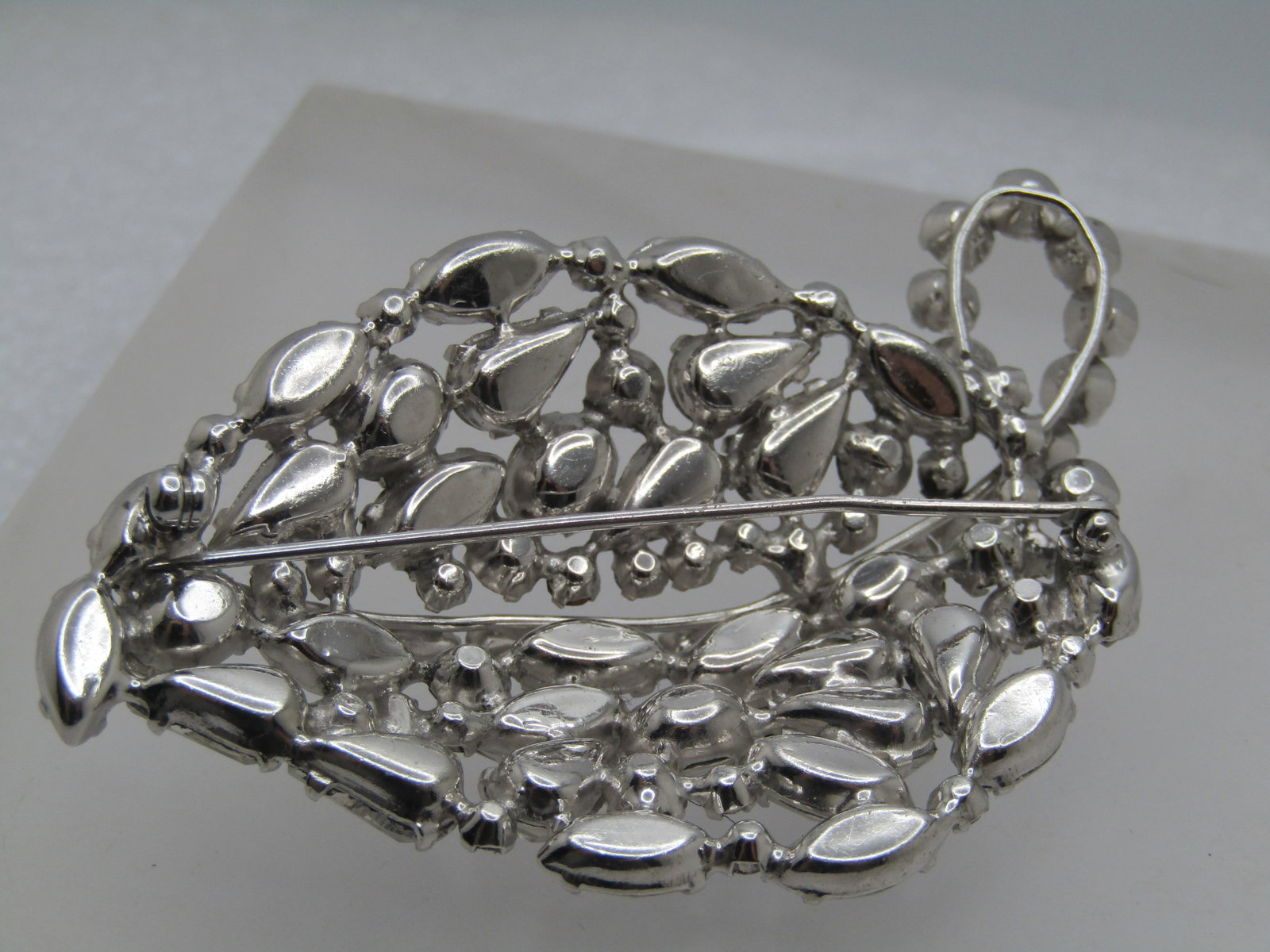Vintage Rhinestone Leaf Brooch, Mixed Cuts, Mid-Century, 3" - 5