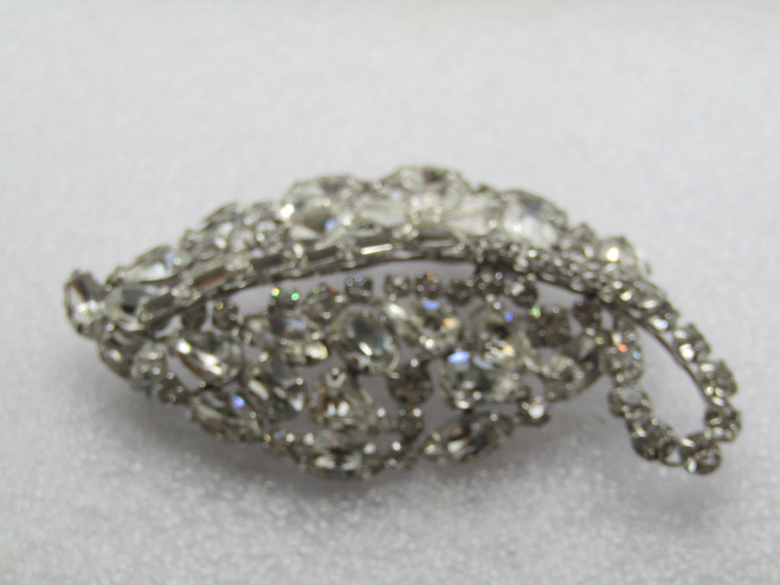 Vintage Rhinestone Leaf Brooch, Mixed Cuts, Mid-Century, 3" - 6