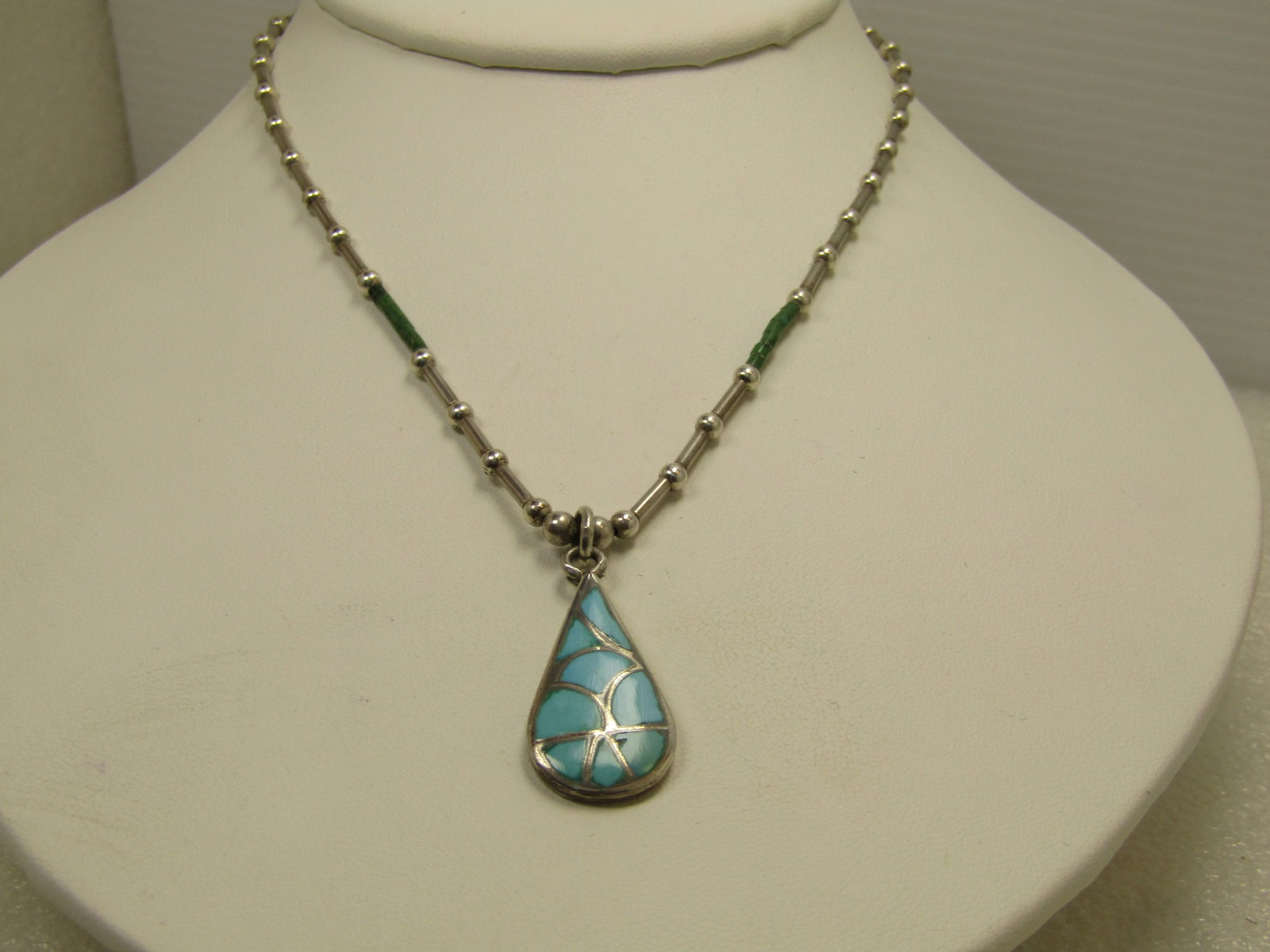 Vintage Sterling Turquoise Inlaid Pendant/Necklace/Choker 14.5", Heishi Beads, 1970's-1980's: Vintage Sterling Inlaid Turquoise Pendant/Necklace/Choker, Heishi Beads too. 14.5", 1970's-1980's. The pendant is signed STM or S7M. The pendant is inalid turqoise in a teardrop pendant that is appx. 