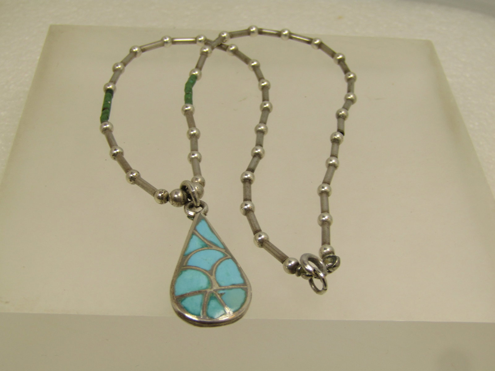 Vintage Sterling Turquoise Inlaid Pendant/Necklace/Choker 14.5", Heishi Beads, 1970's-1980's - 2