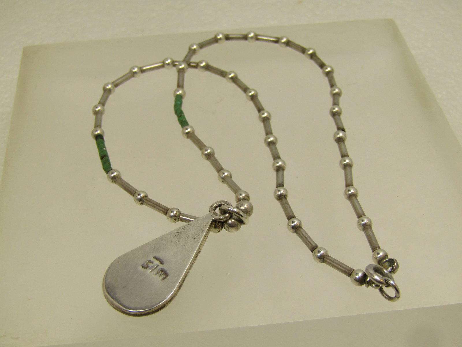 Vintage Sterling Turquoise Inlaid Pendant/Necklace/Choker 14.5", Heishi Beads, 1970's-1980's - 3