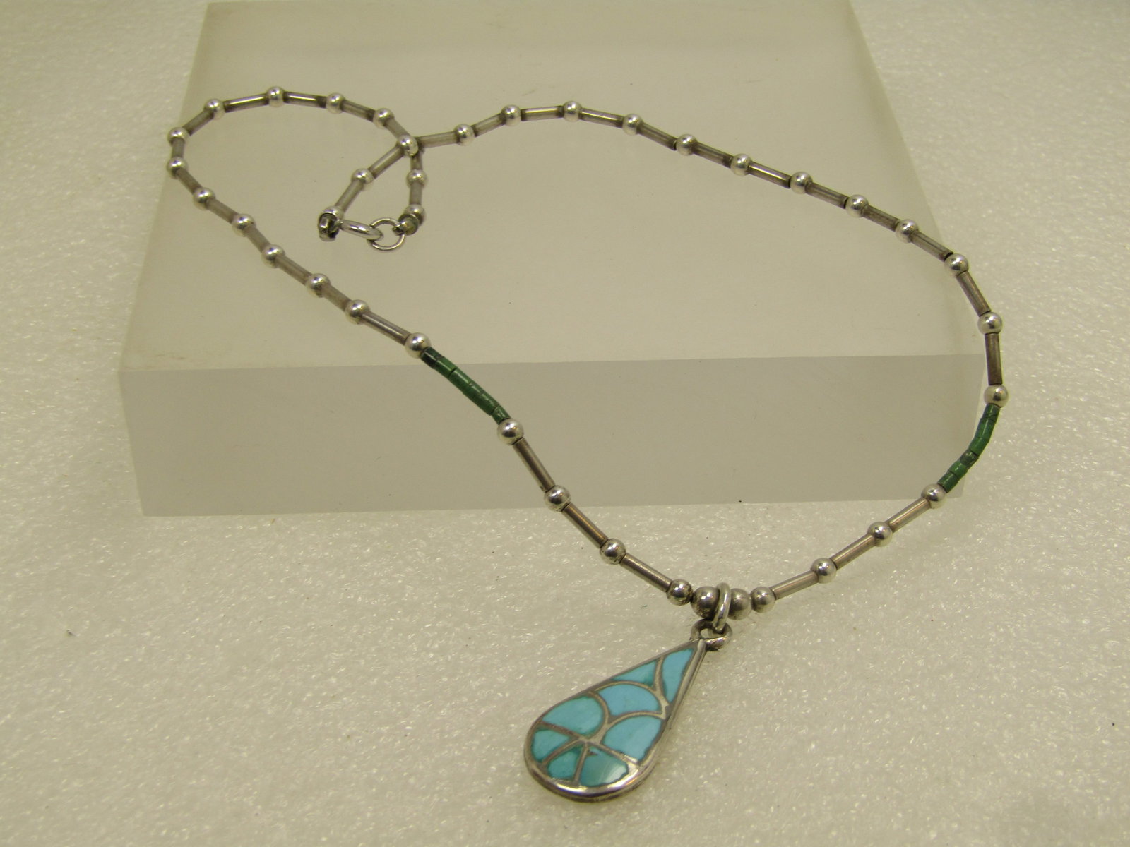 Vintage Sterling Turquoise Inlaid Pendant/Necklace/Choker 14.5", Heishi Beads, 1970's-1980's - 4