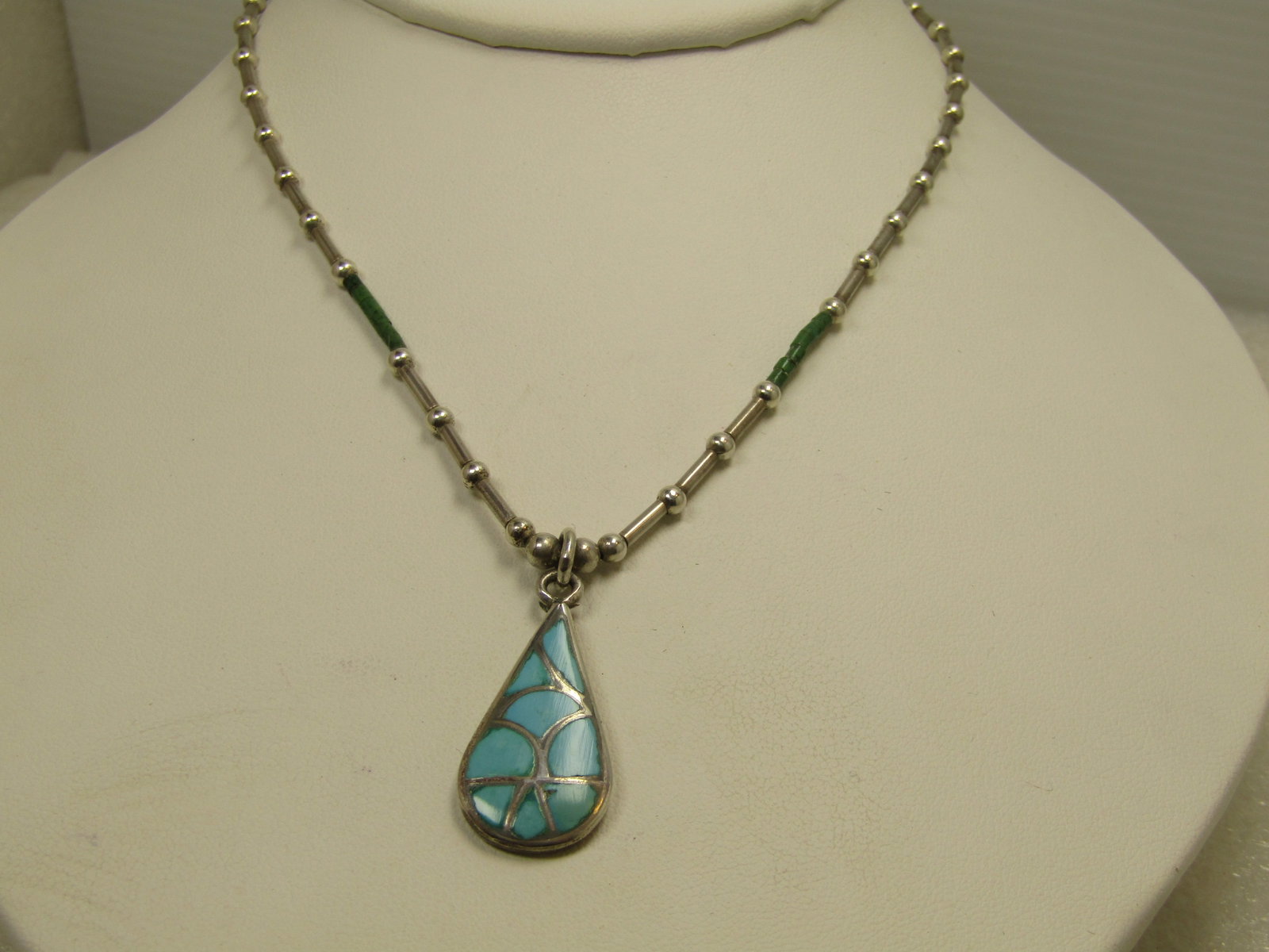 Vintage Sterling Turquoise Inlaid Pendant/Necklace/Choker 14.5", Heishi Beads, 1970's-1980's - 5