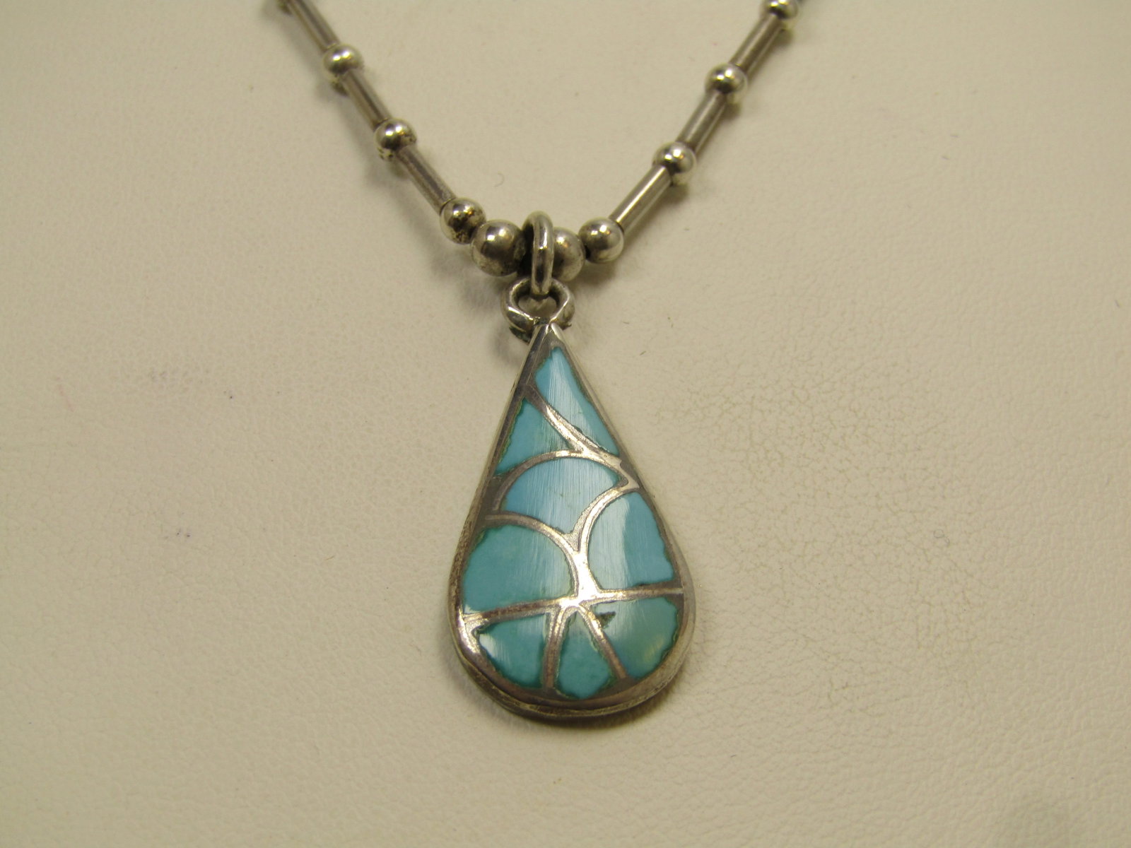 Vintage Sterling Turquoise Inlaid Pendant/Necklace/Choker 14.5", Heishi Beads, 1970's-1980's - 6