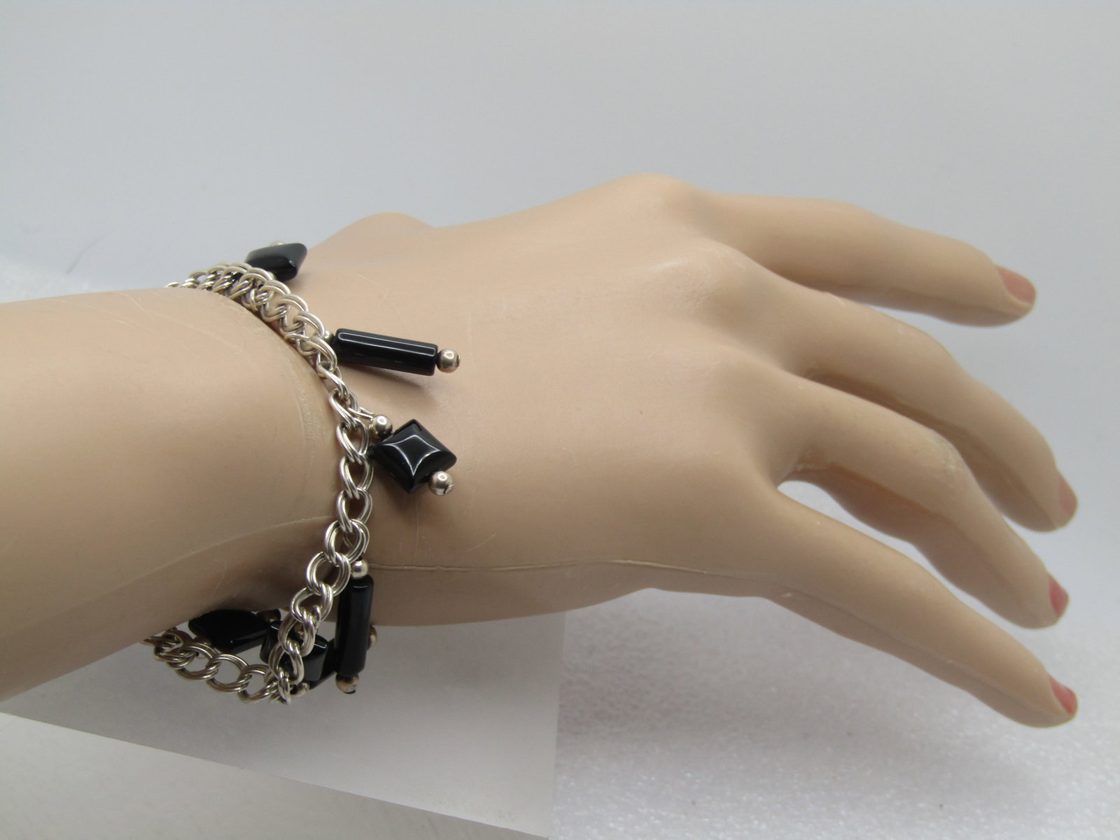 Vintage Sterling Black Onyx Dangle Bracelet, 7" , 1980's-1990's - 5