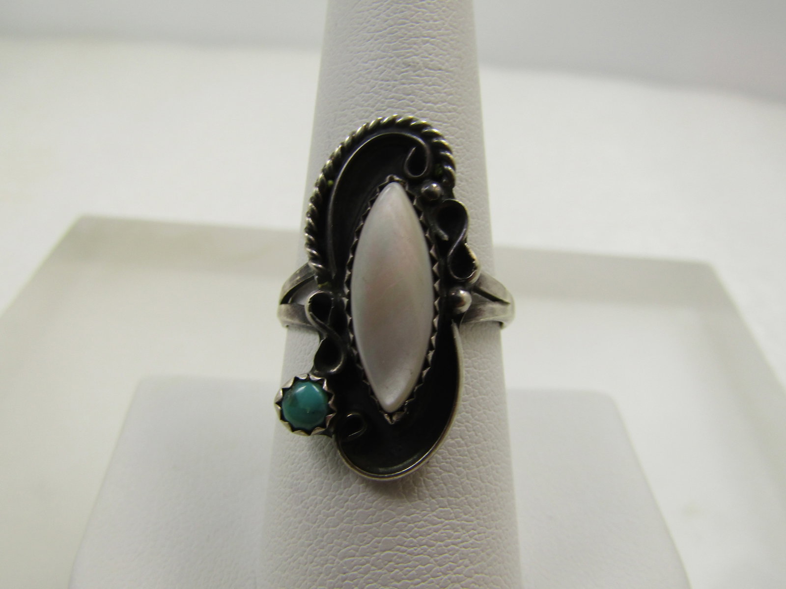 Vintage Sterling Southwestern Turquoise Mother-of-Pearl Ring, Sz. 8.5, 1970's-1980's: Vintage Sterling Southwestern Turquoise Mother-of-Pearl Ring, Sz. 8.5, 1970's-1980. Shadowbox with a recessed background with scrolls and beaded accents around the raised edge and set in the middle is