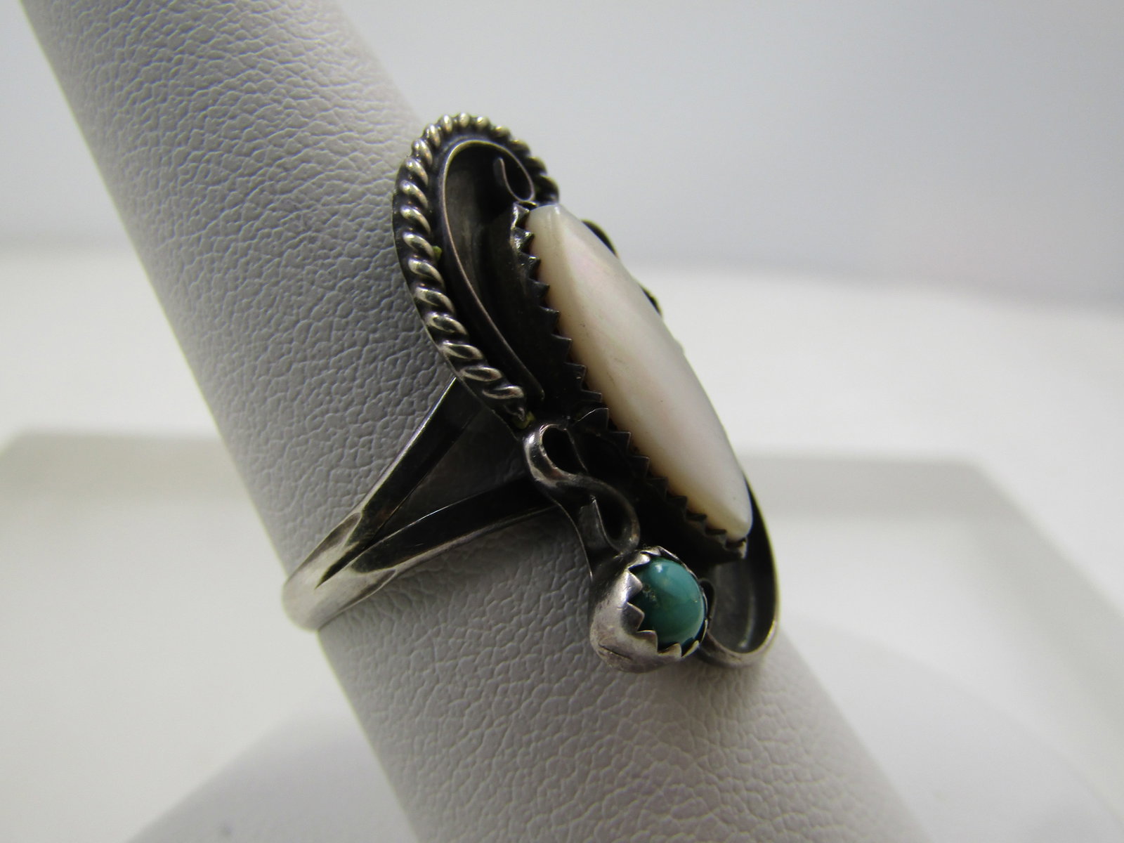 Vintage Sterling Southwestern Turquoise Mother-of-Pearl Ring, Sz. 8.5, 1970's-1980's - 3