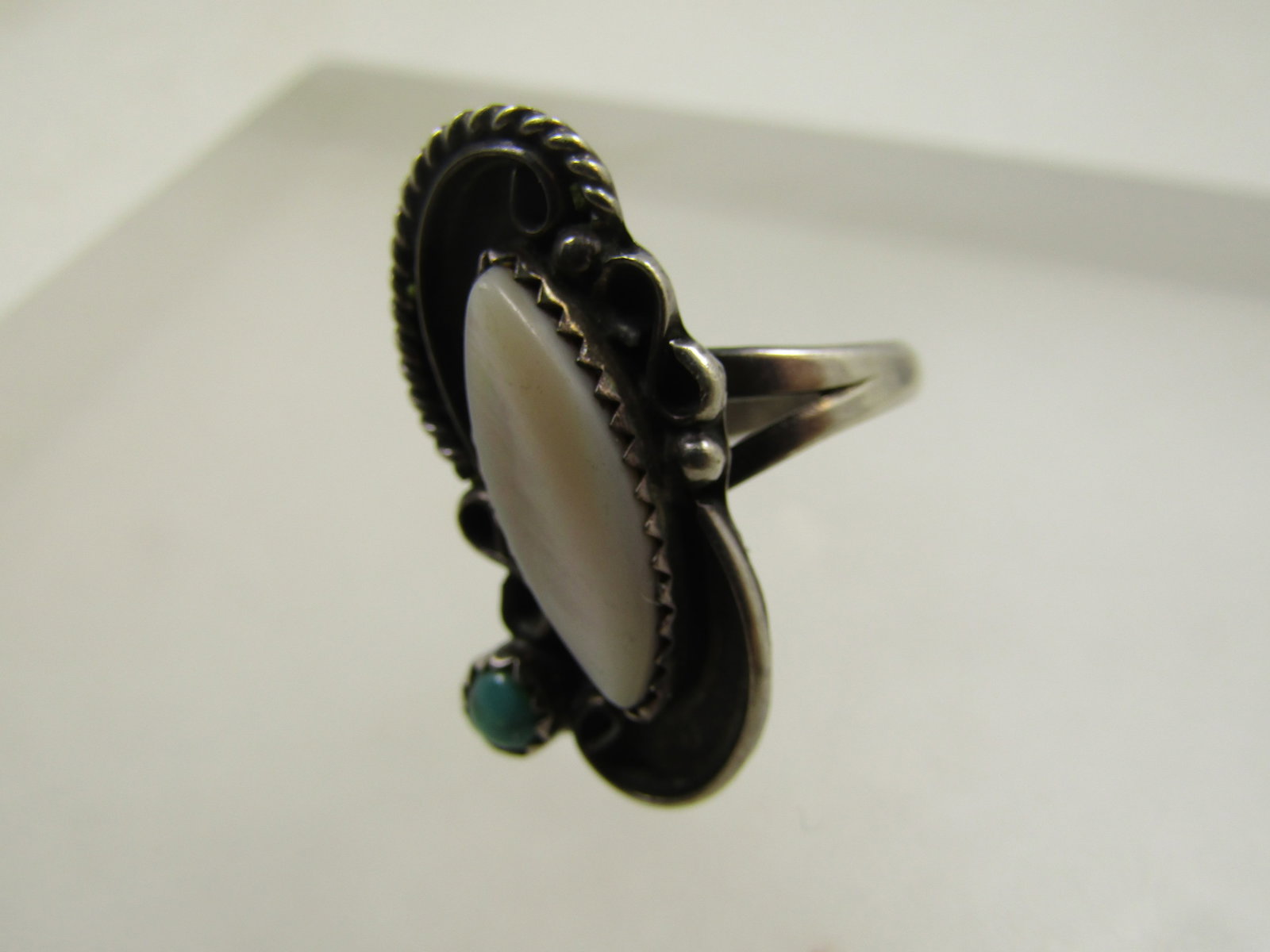 Vintage Sterling Southwestern Turquoise Mother-of-Pearl Ring, Sz. 8.5, 1970's-1980's - 4