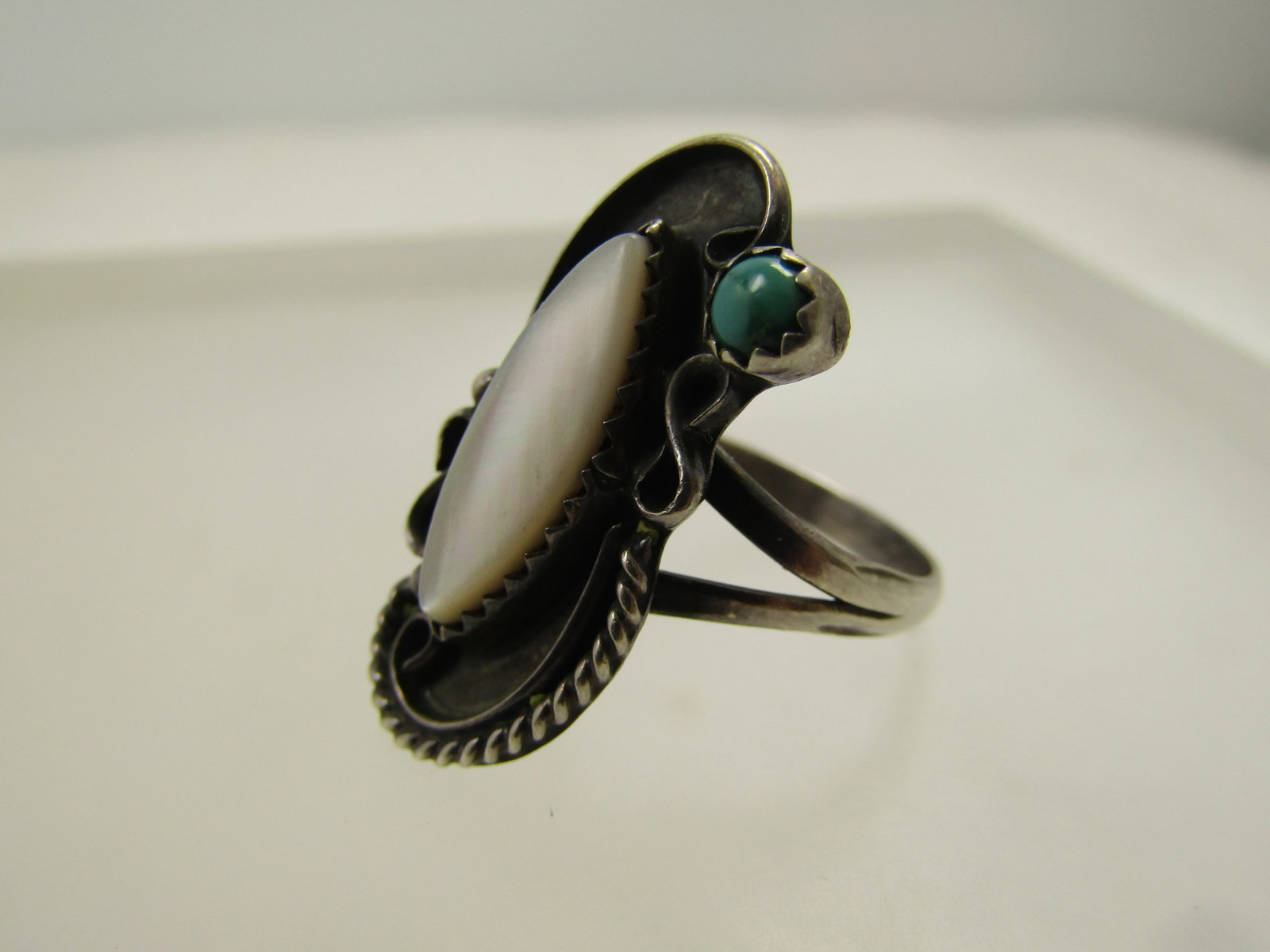 Vintage Sterling Southwestern Turquoise Mother-of-Pearl Ring, Sz. 8.5, 1970's-1980's - 6