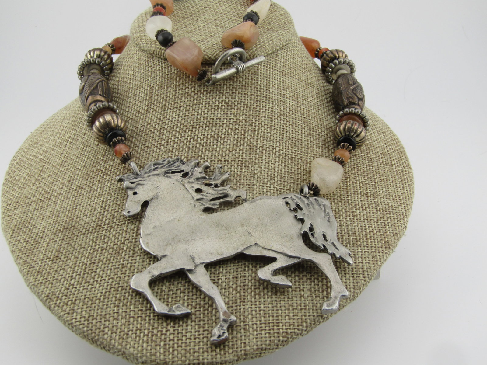 Large Horse Agate Beaded Necklace, Toggle Clasp, 24", 1980's-1990's - 2