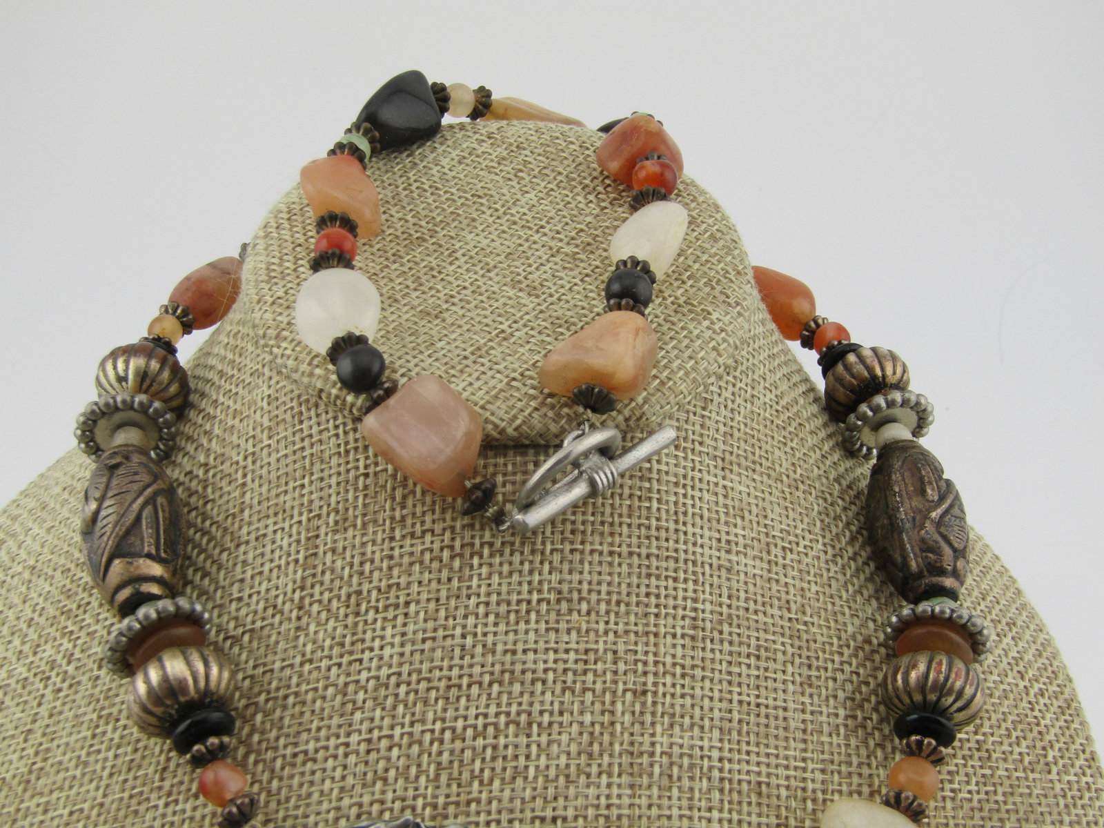 Large Horse Agate Beaded Necklace, Toggle Clasp, 24", 1980's-1990's - 4