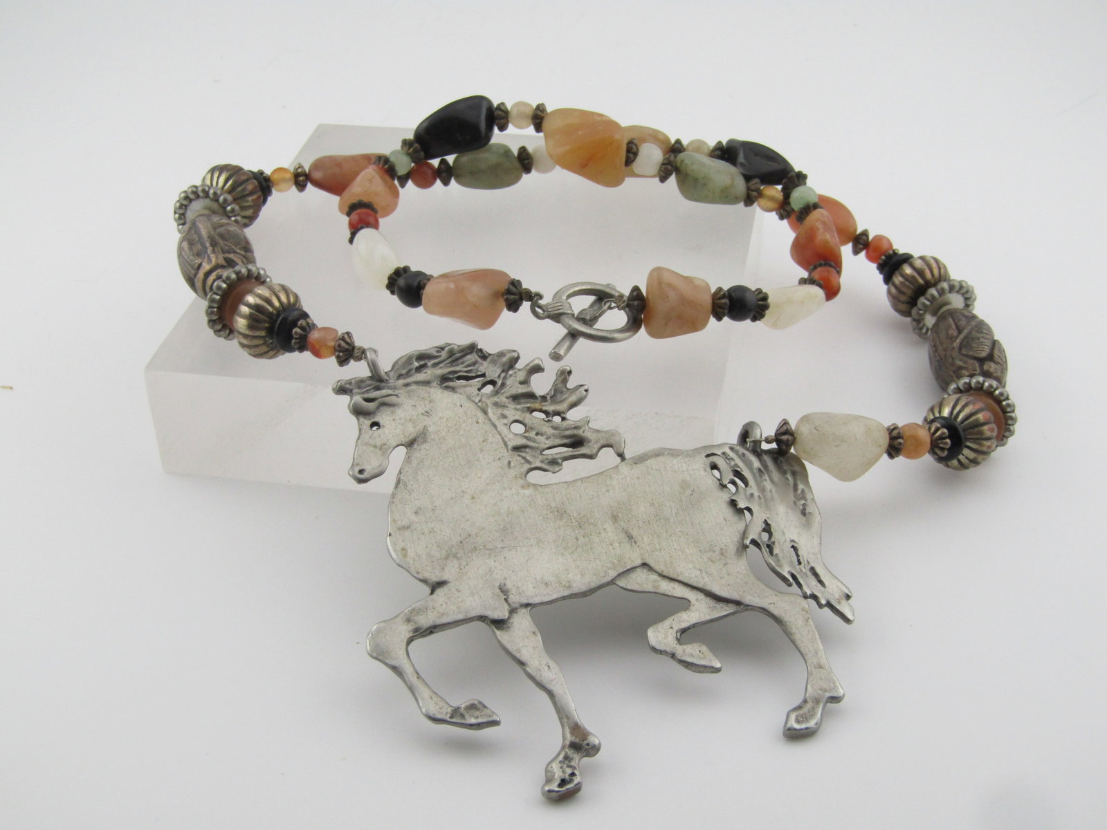Large Horse Agate Beaded Necklace, Toggle Clasp, 24", 1980's-1990's - 5