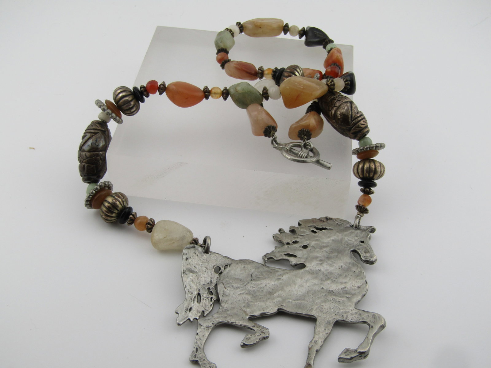 Large Horse Agate Beaded Necklace, Toggle Clasp, 24", 1980's-1990's - 6