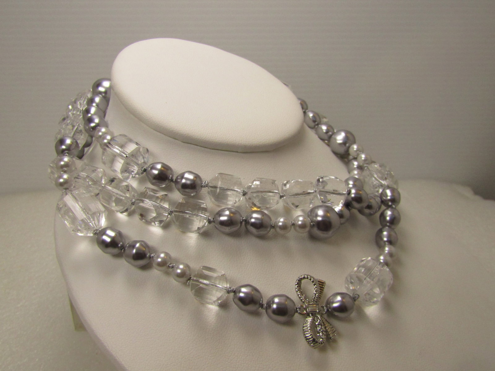 Vintage Clear, Silver Necklace, Faux Pearl and Crystal, 22", with Bows, Liz Claiborne, 1990's - 3