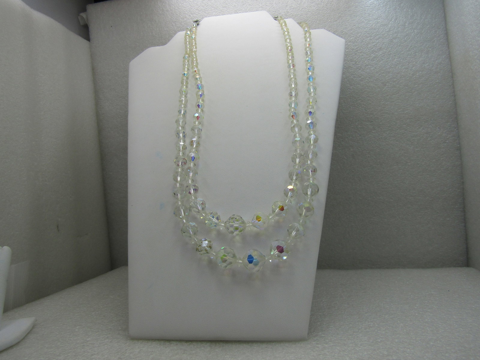 Vintage Double Strand Crystal Necklace, 20"-22", Aurora Borealis: Vintage Double Strand Crystal Necklace, 20"-22", Aurora Borealis graduated beads from 6mm to 14mm round faceted beads with squatty diamond-shaped beads between. There is also a 3" extender chain. Silv