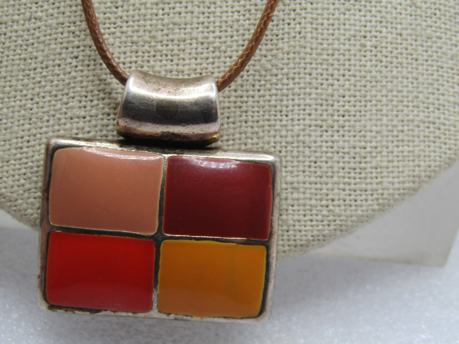 Vintage Enameled Orange and Brown Pendant Necklace, Signed MJ, 1990's - 2