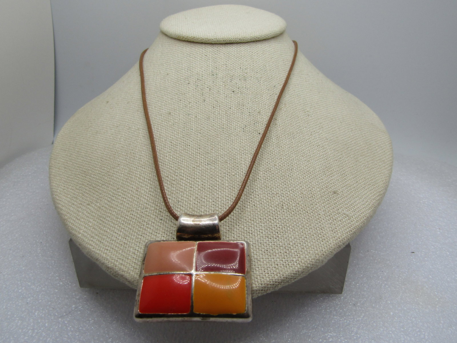 Vintage Enameled Orange and Brown Pendant Necklace, Signed MJ, 1990's - 3