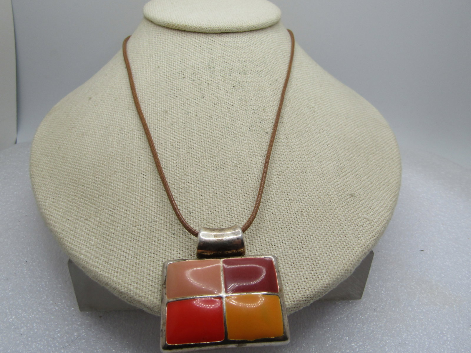 Vintage Enameled Orange and Brown Pendant Necklace, Signed MJ, 1990's - 4